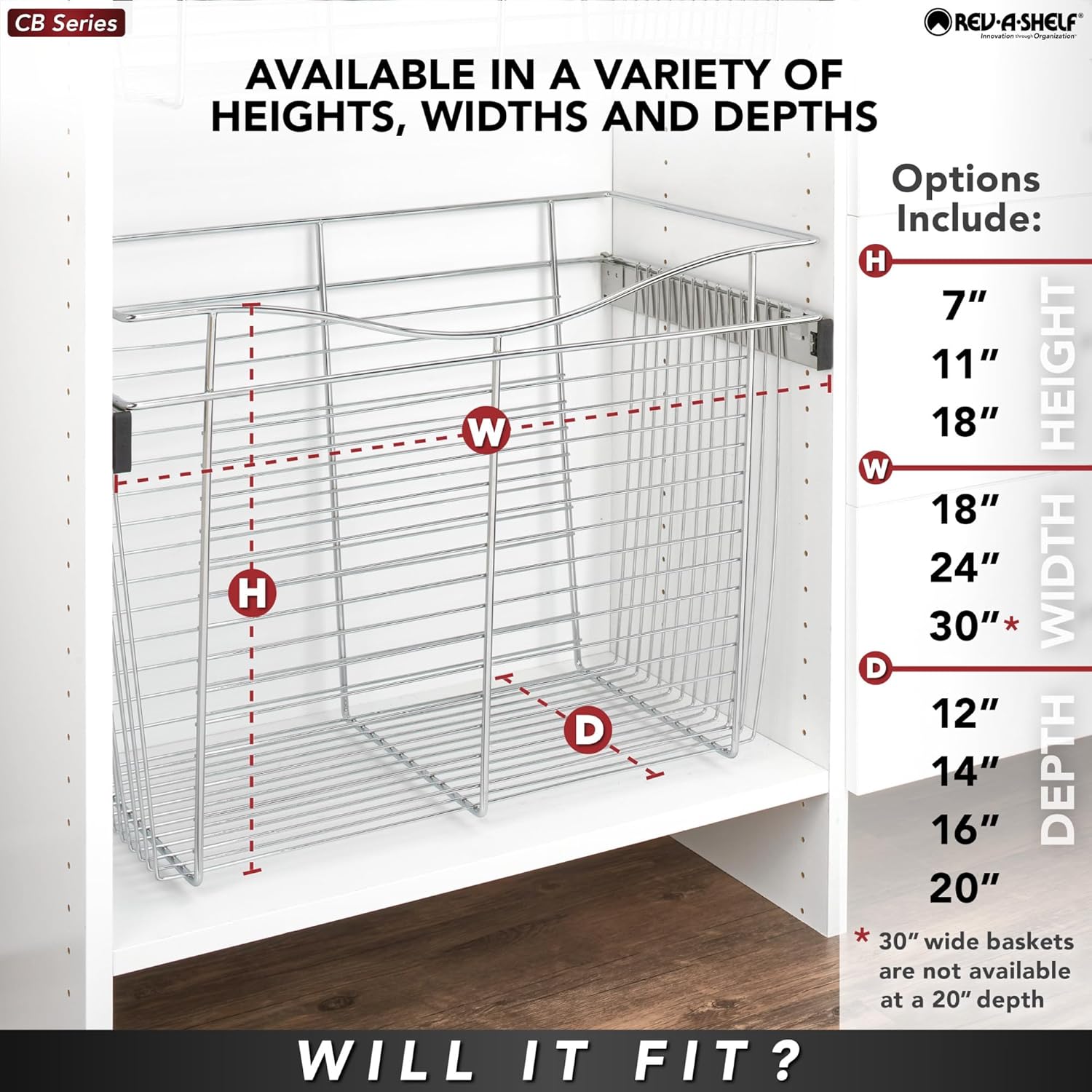 REV-A-SHELF 30" W Closet Basket for Custom Closet Systems
