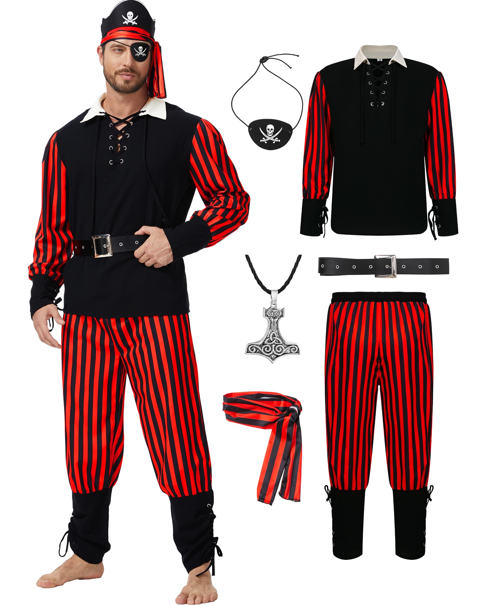MIQEBX 6 PCS Men's Pirate Costume Set Medieval Shirt Trousers Bandana Belt, Pirate Outfit for Halloween Carnival Party (Red+Black, 2XL) โ image 1