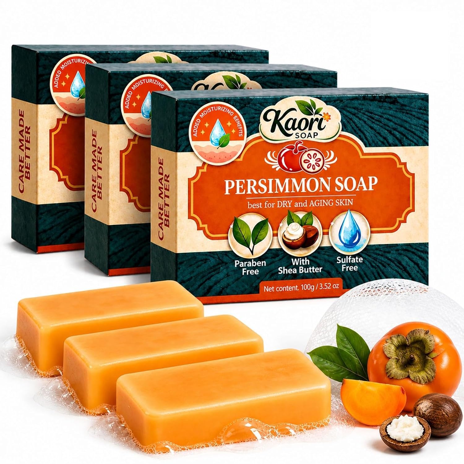 Deodorizing Persimmon Soap - Best for Dry and Aging Skin, Natural Persimmon Soap for Old People Smell, Gentle Cleansing with Japanese Persimmon Tannins, Shea Butter, Olive Oil (3 Pcs)