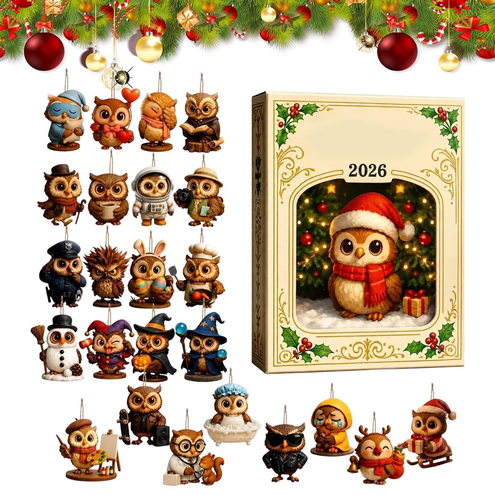 Eulen-Adventskalender 2026 - 24 Tage Weihnachts-Countdown | 2D Acryl Hängende Anhänger, 11 x 6,3 Zoll Tägliche Offenlegung Gitter für Baumausstellung, Regale