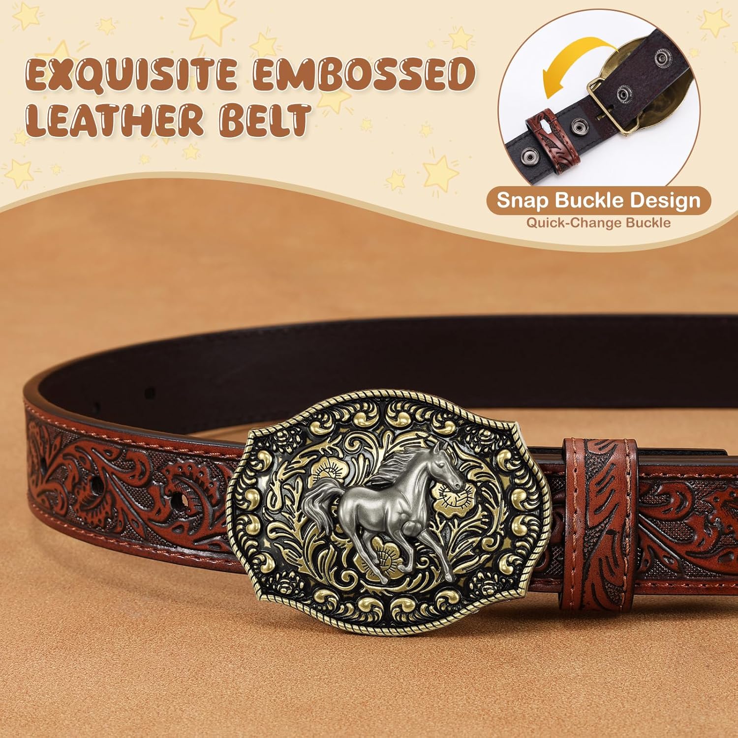 SANSTHS Kids Western Belt for Boys Girls Genuine Leather Cowboy Cowgirl Belts with Detachable Buckle for Jeans Western Gifts - Image 5
