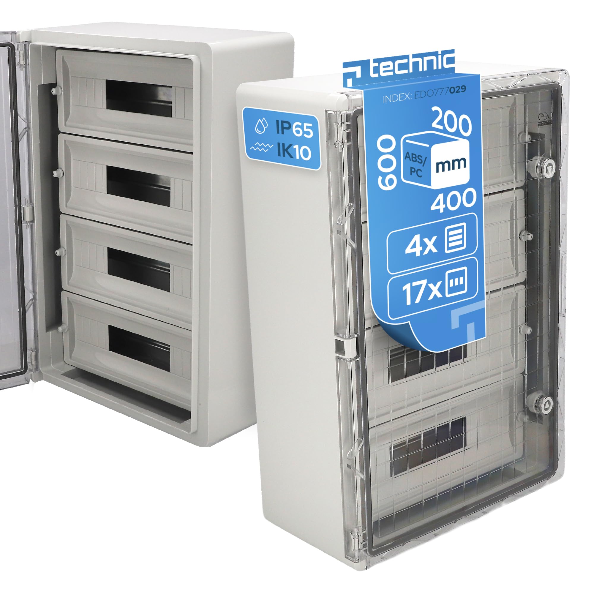 EDO Verteilerkasten Aufputz ABS 4-Reihig für 68 Module 400x600x200 mm IP65 | Sicherungskasten mit DIN-Schiene, Transparente PC-Tür, IK10, Grau - Stromkasten für Elektroinstallationen, Verteilerkasten