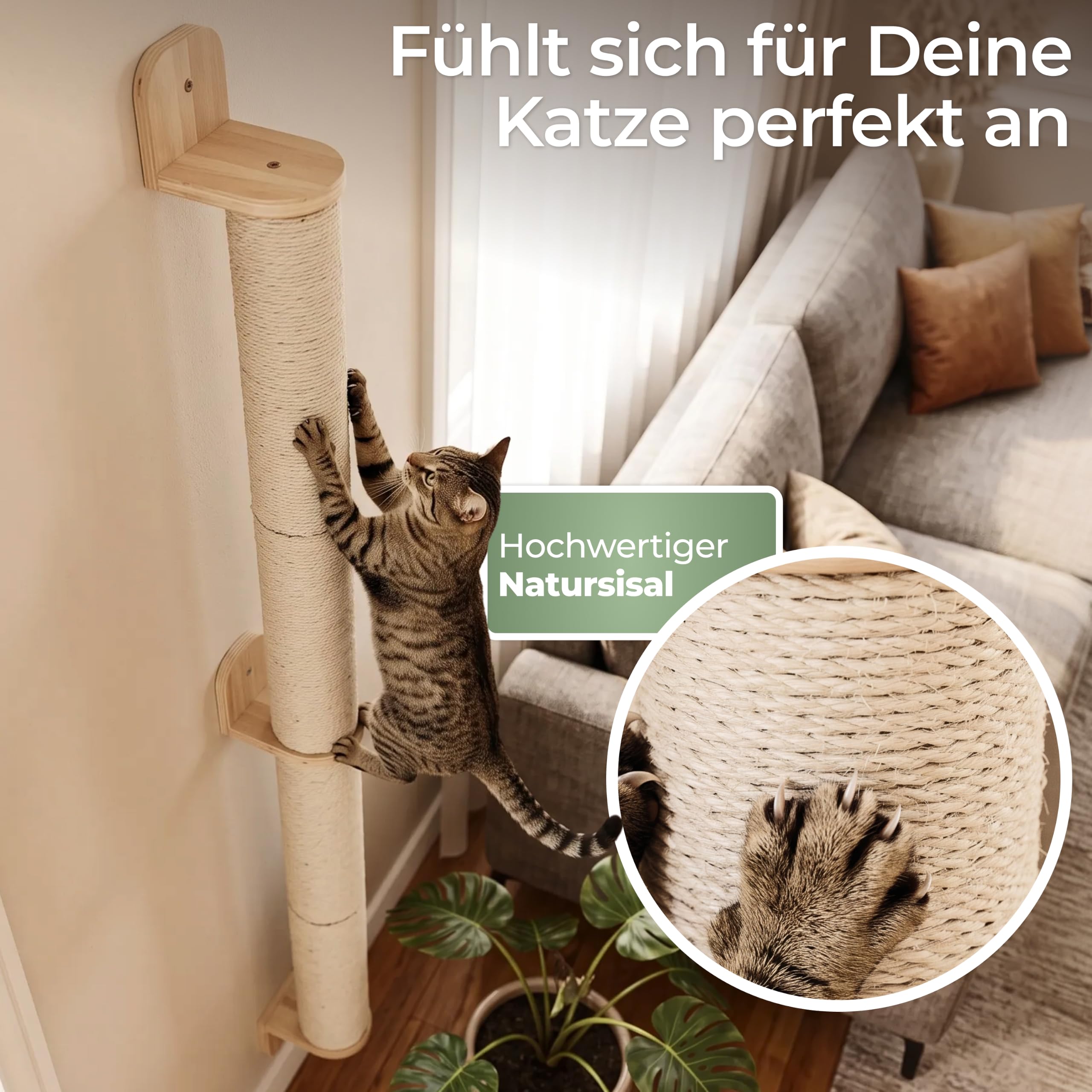 WOOWOOD Kratzsäule XXL 154 cm, Kratzstamm Wandmontage, Natursisal