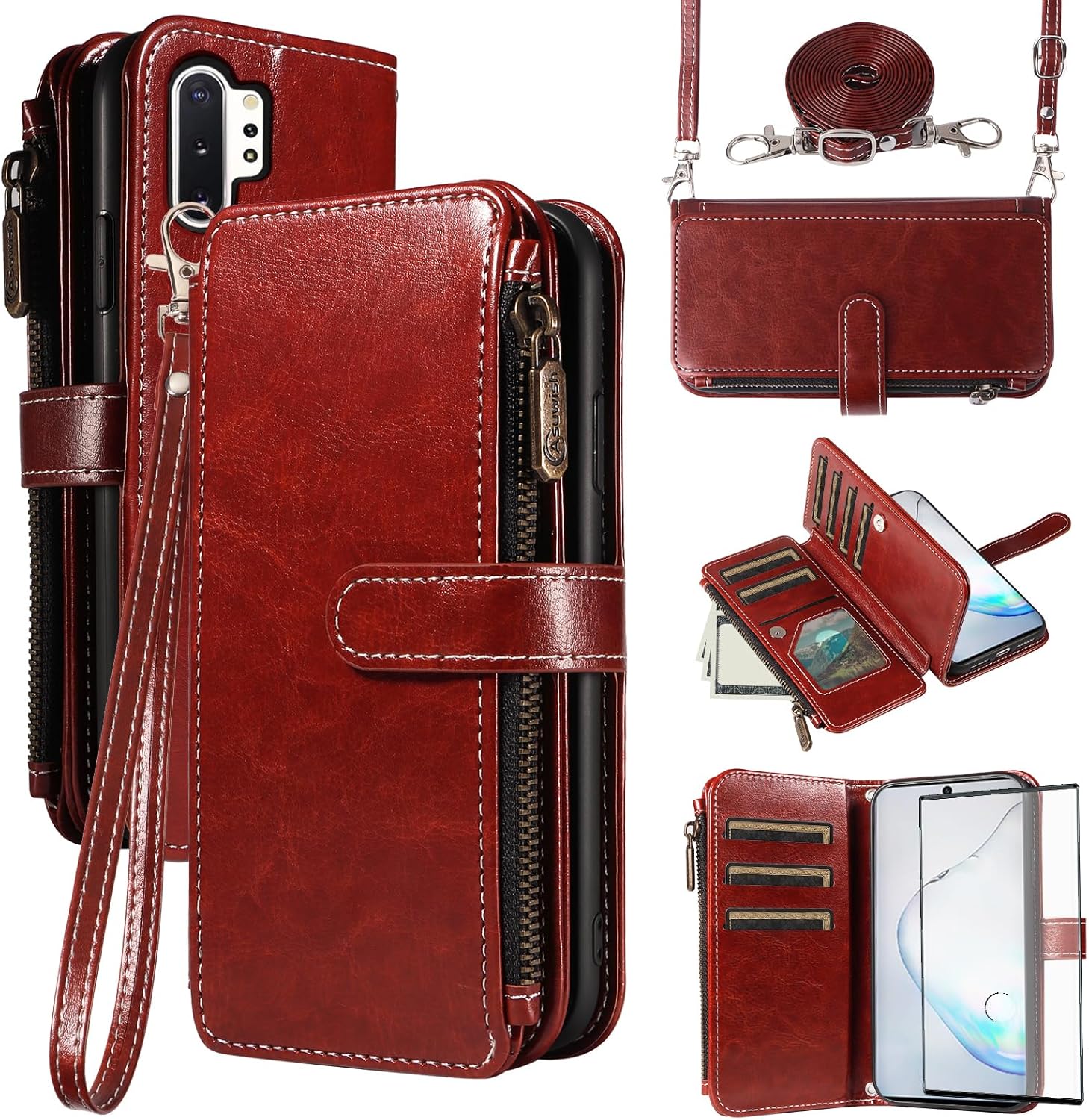 Asuwish Phone Case for Samsung Galaxy Note 10 Plus Note10+ 5G Cover with Screen Protector and Lanyard Zipper Wallet Card Holder Slot Stand Cell Note10 + Notes 10+ Ten Not S10 10Plus Women Men Brown