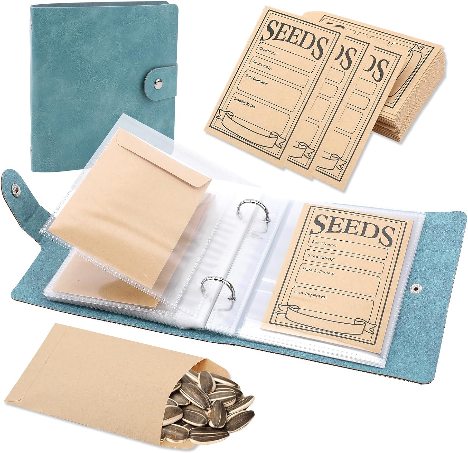 Seed Storage Organizer Binder, Leather Seed Packet Organizer with 50 Pack Seed Envelopes, Garden Seed Storage Holder Book, Plant Seed Saver Flower Seed Keeper, Blue