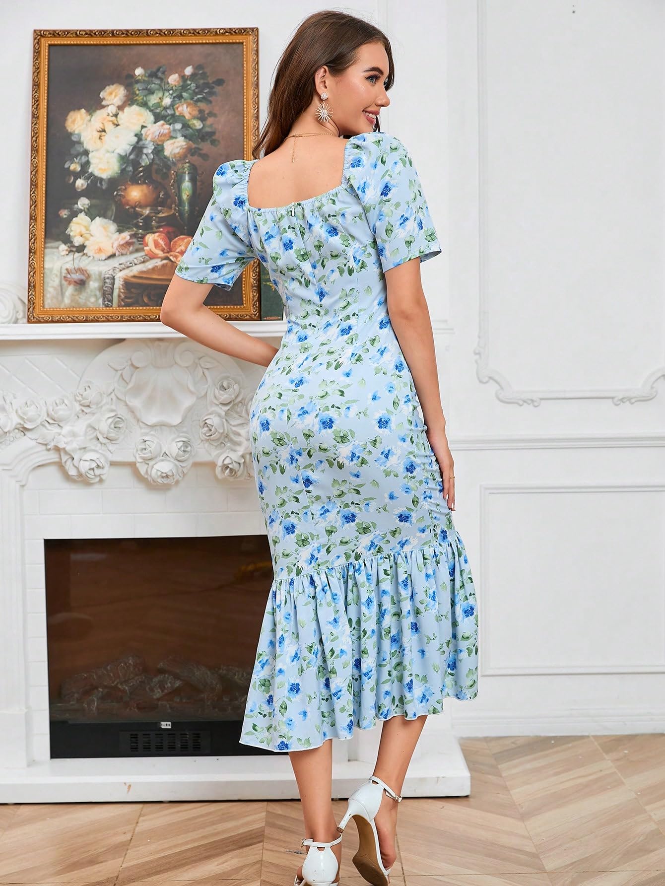 Amazon.com: Neeno Women's Dresses Floral Print Ruched Ruffle Hem Dress Dress  for Women(Blue,Medium) : Clothing, Shoes & Jewelry