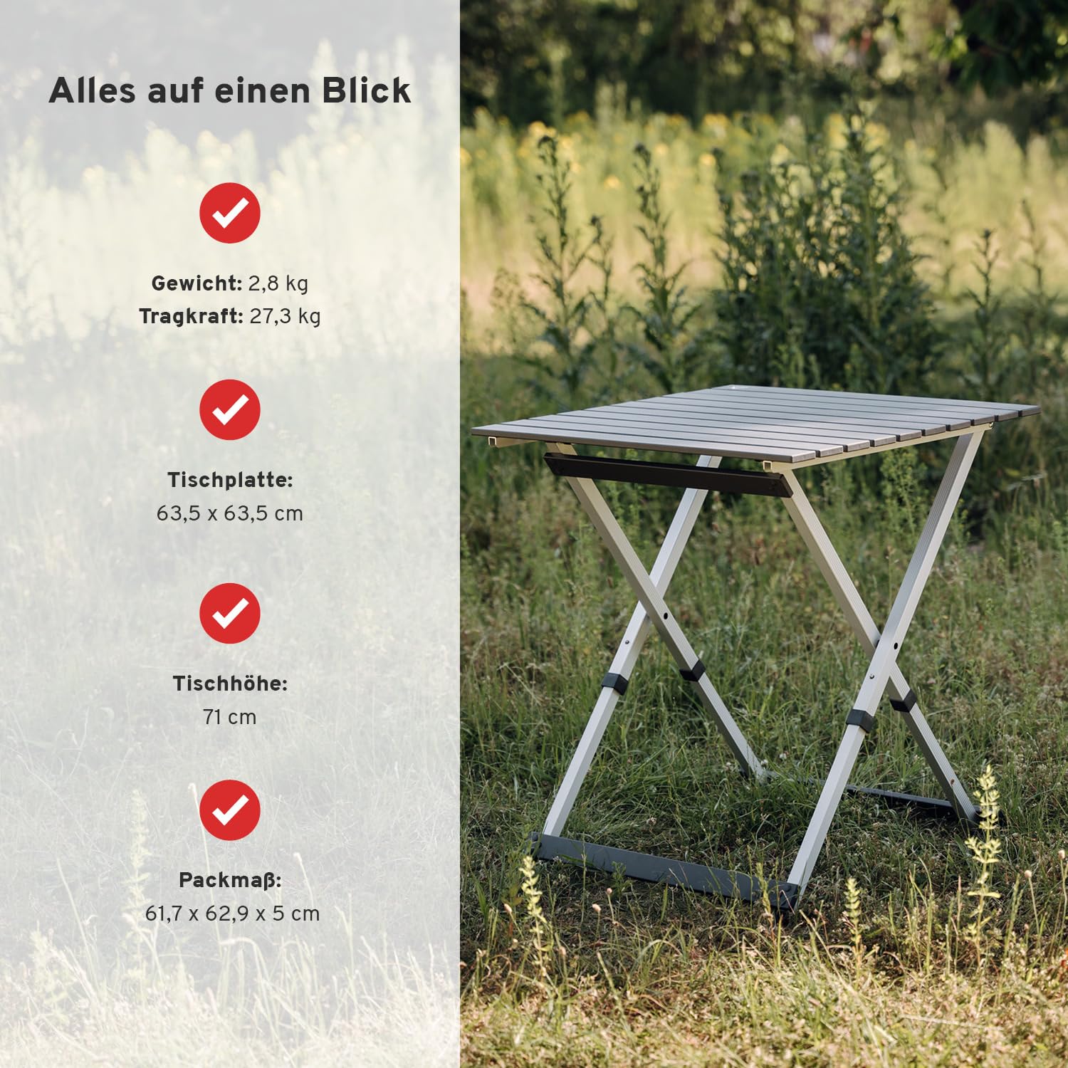 CAMPWERK Alu Camping Tisch, Campingtisch, Klapptisch, Gartentisch, Camping Möbel, Faltbar & Tragbar, Leichtes Aluminiumgestell, Für 4 Personen, Mit Teleskop-Tischbeinen, 63 x 63 cm