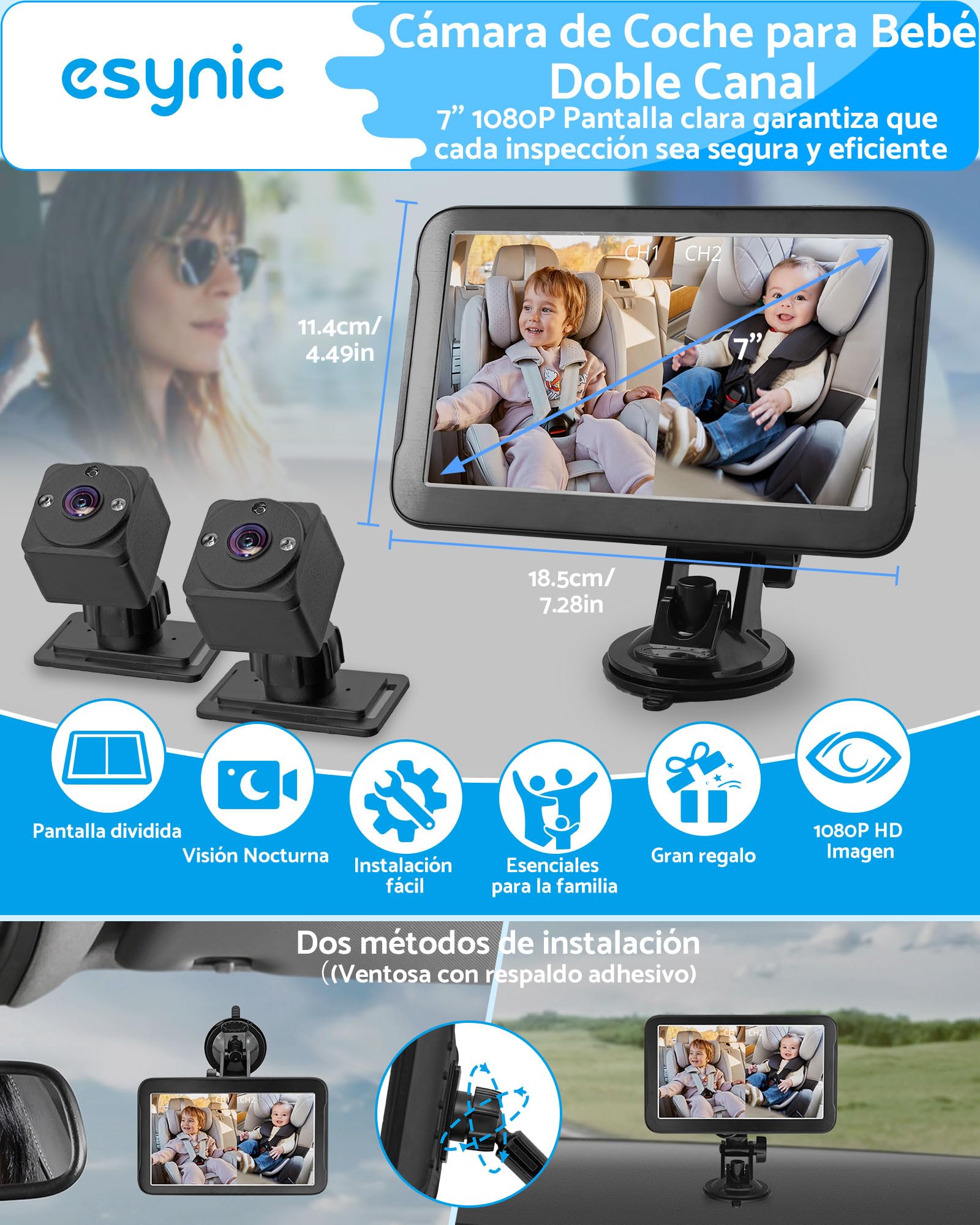 eSynic Cámara Doble para Bebé 1080P con Pantalla Dividida de 7" Monitor de Vigilancia Infantil Espejo Retrovisor con Visión Nocturna Cámara Giratoria 360° Sistema de Seguridad para Asiento Trasero