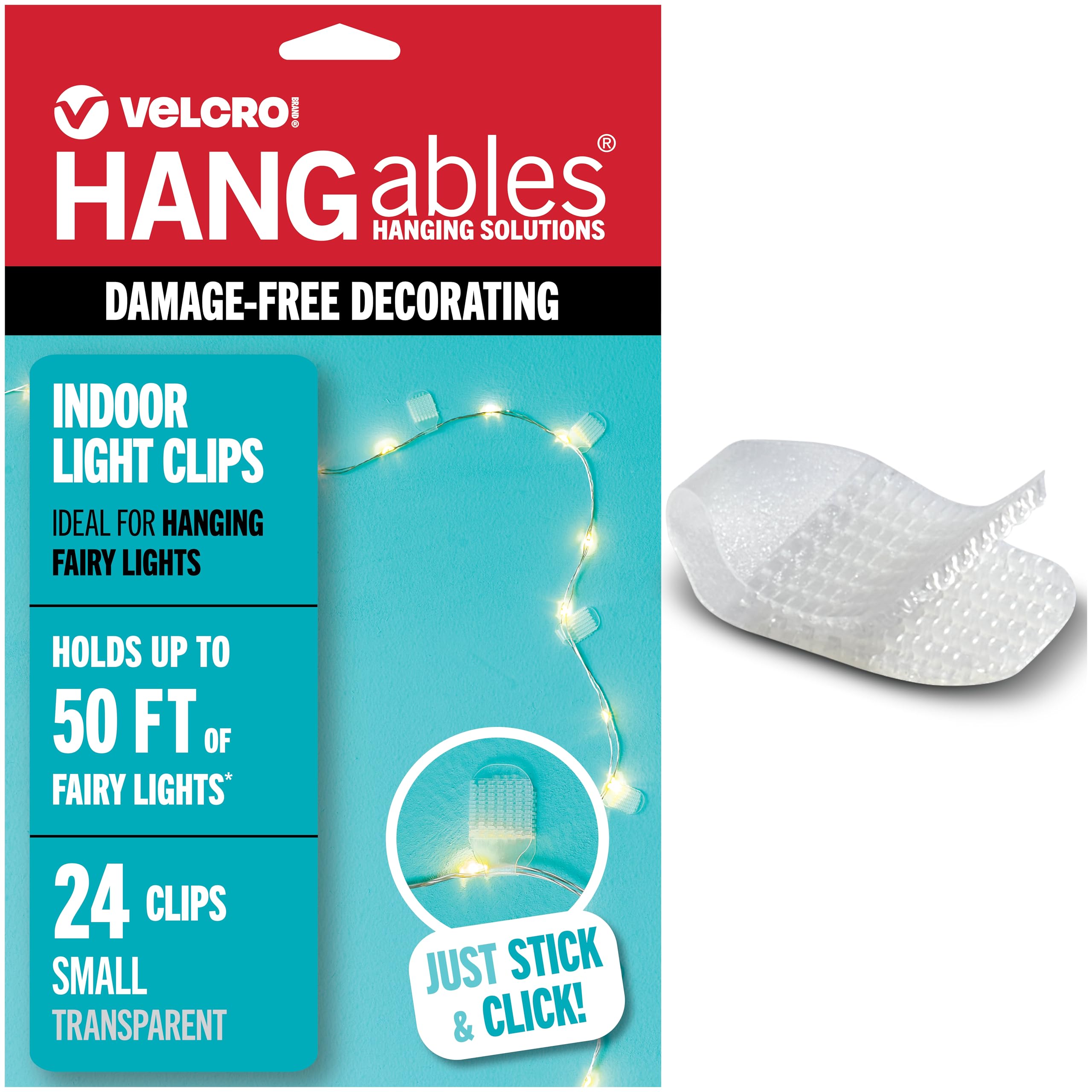 Velcro Brand Pack of 24 transparent self-adhesive wall clips for hanging fairy lights and glittering fairy lights that blend into your decoration without damage and removable (small-image-16