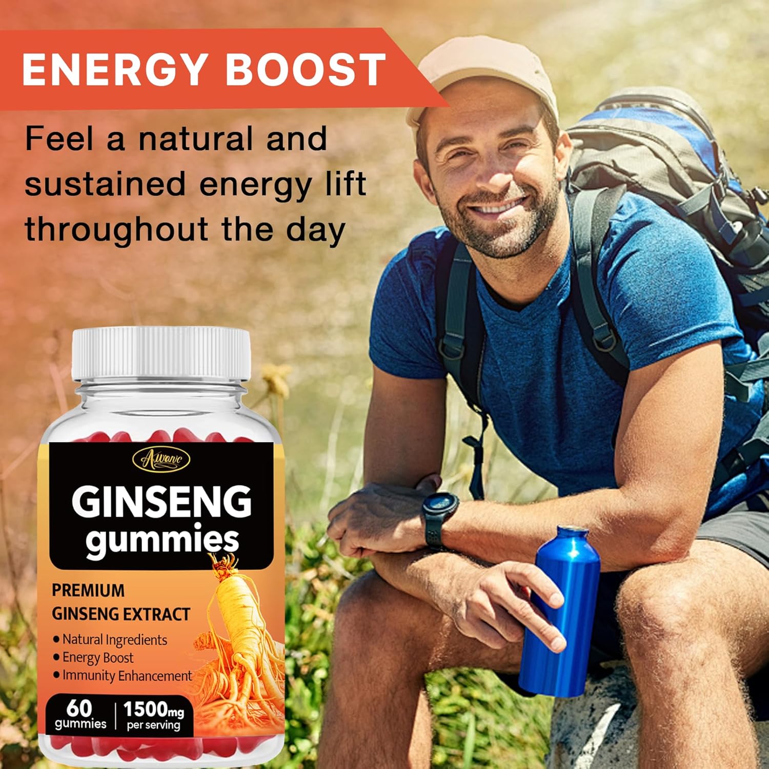 60 Count Asian Panax Ginseng Gummies 1500mg Supplements for Men and Women, Energy Maca Ginseng Root Extract Gummies for Memory & Immunity Support, Pectin-Based Apple Flavored Chews Gummy - Image 2