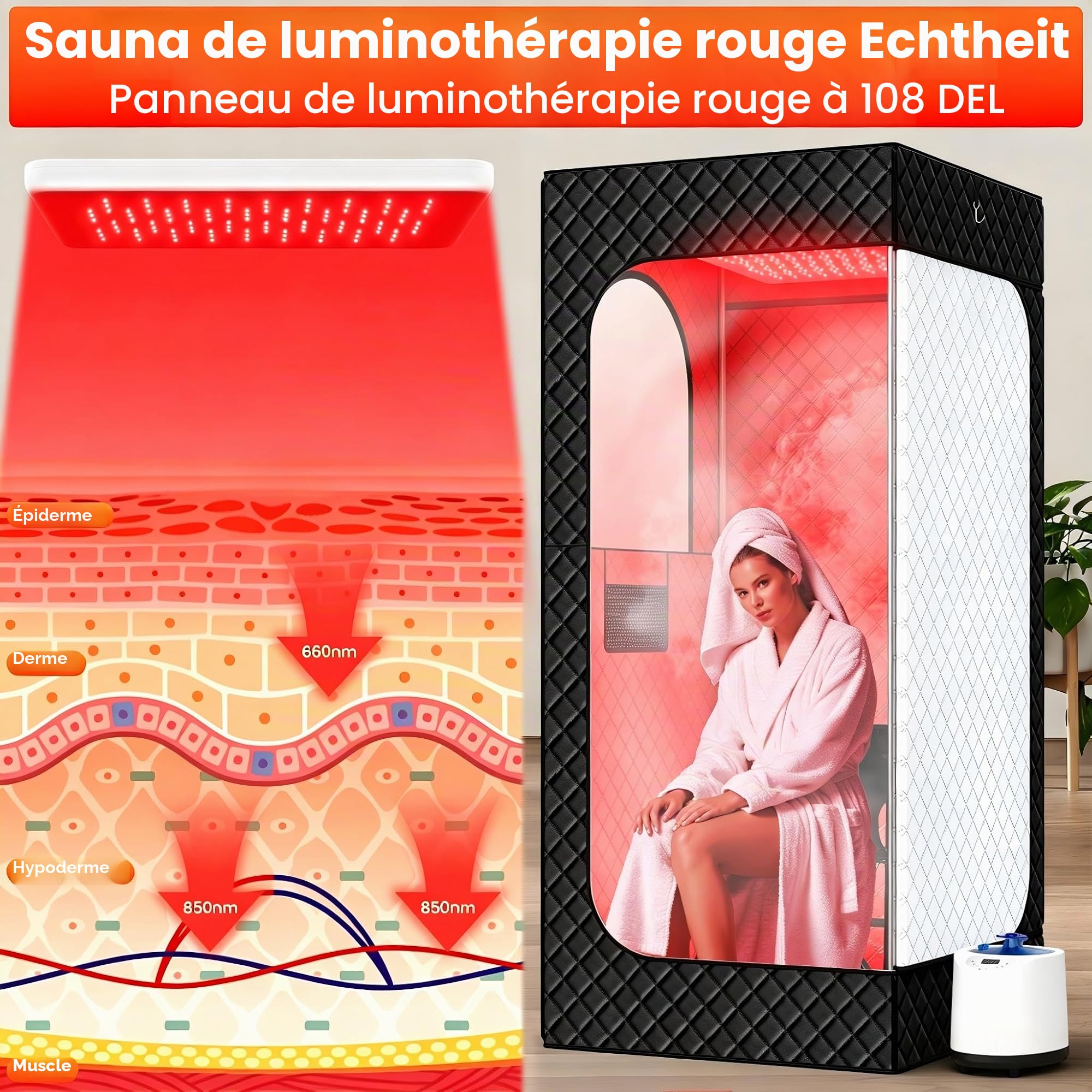 Sauna à vapeur portable infrarouge pour la maison - Générateur de vapeur pour bain de vapeur avec 660 nm Red Light Therapy, 3 l, 1200 W, chauffage rapide, générateur de vapeur avec télécommande