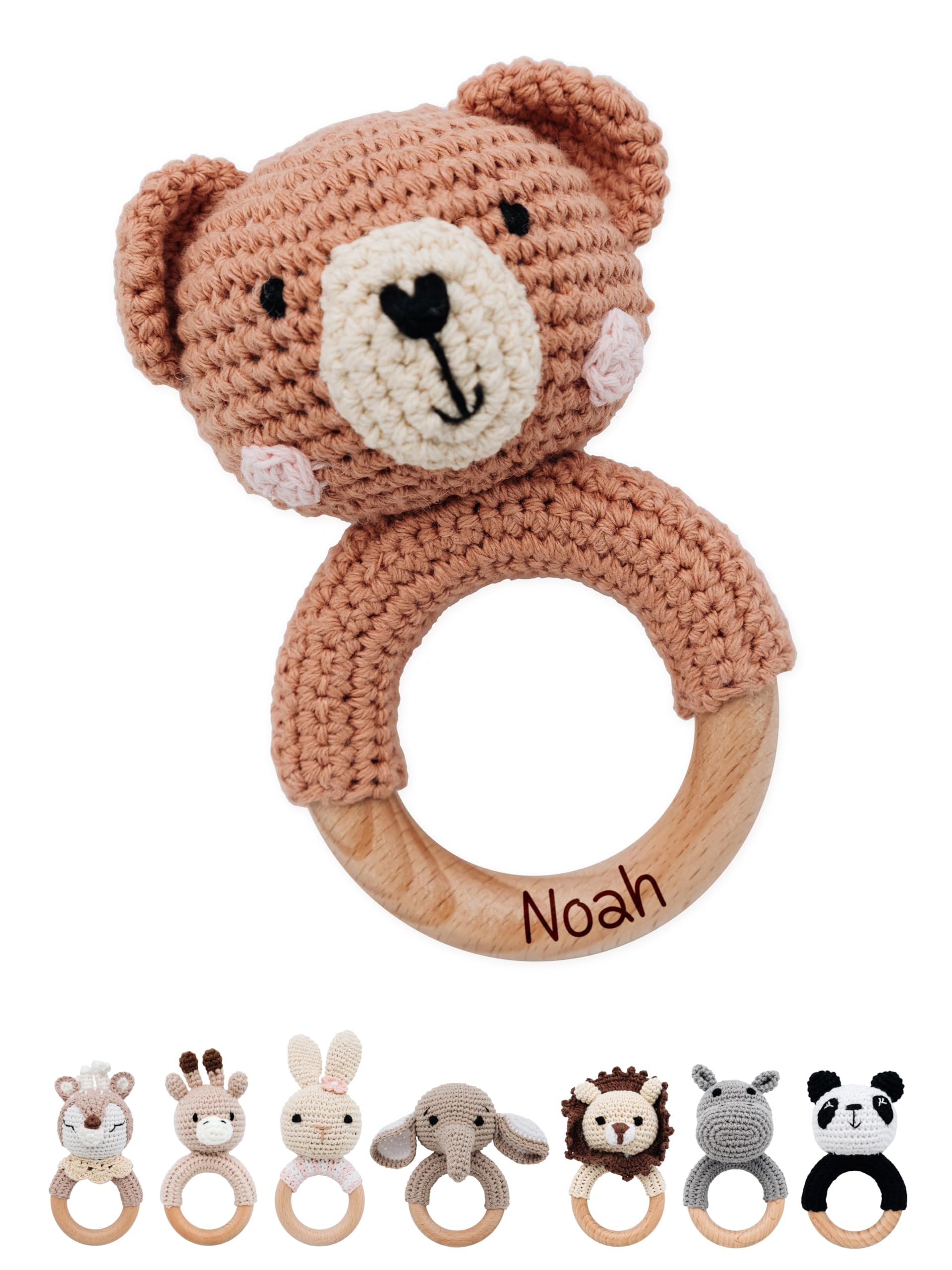 Bärenfreunde® - Personalisierter Beißring Baby - Niedlicher Greifling für Baby's ab 0 Monate - Babyrassel mit Name als Baby Geschenk für Mädchen und Jungen (Bär rosa Wangen,mit Name)