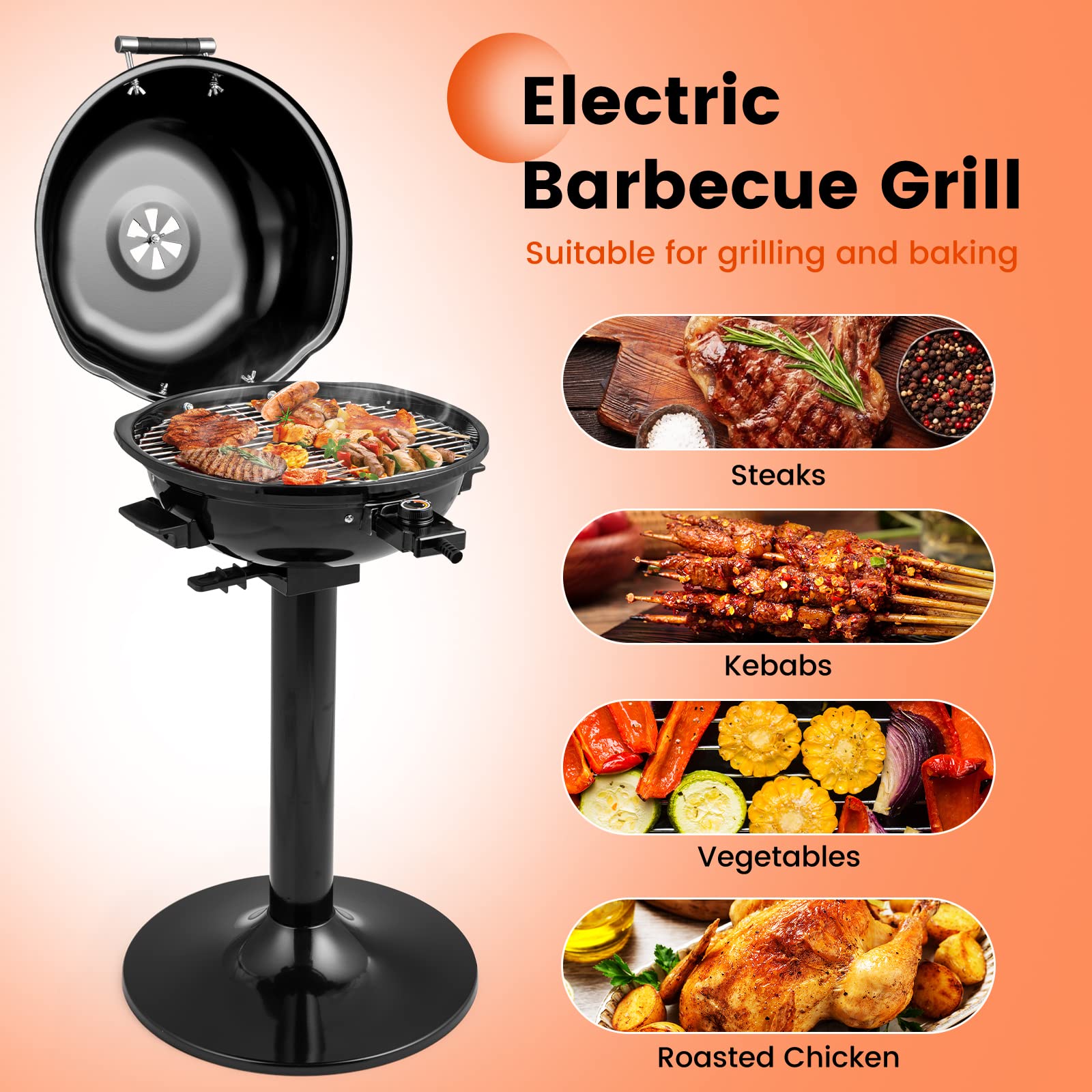 ARLIME Grill elettrico da esterno 1600 W, supporto per barbecue per 15 porzioni, temperatura regolabile, vassoio Greqase rimovibile, barbecue portatile per campeggio, feste, balcone, giardino