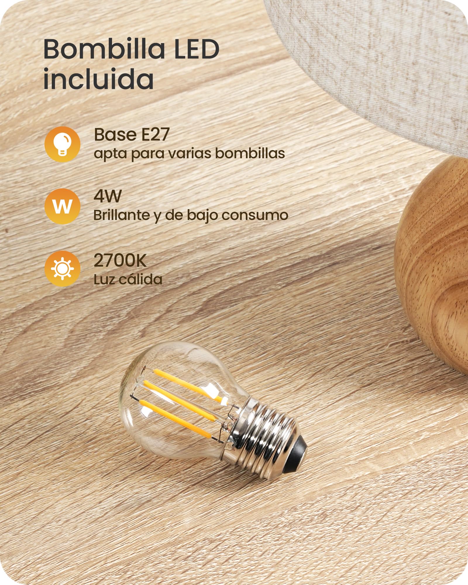 Lámpara de Mesita de Noche de Madera Beige Juego de 2 | Maciza con Base en Forma de Botella, Pantalla de Lino, Incluye una Bombilla LED 2700K, para Sala de Estar, Dormitorio