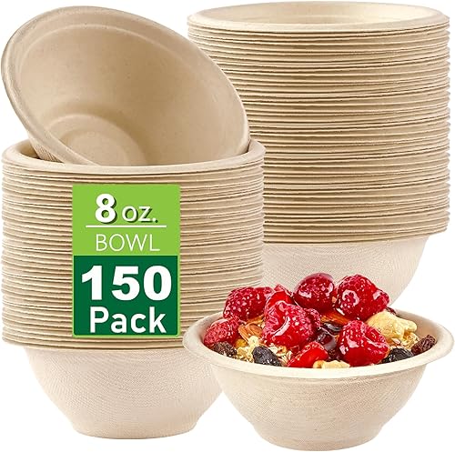 Ocmoiy Paquete de 150 tazones de papel desechables de 8 onzas, cuencos de comida compostables pequeños, resistentes, ecológicos, para servir