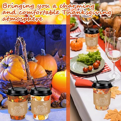 Miniatura 6 de Lallisa Juego de 100 tazas de café desechables de otoño, Acción de Gracias, con tapa, popotes, fundas de papel de otoño de 12 onzas, tapa de