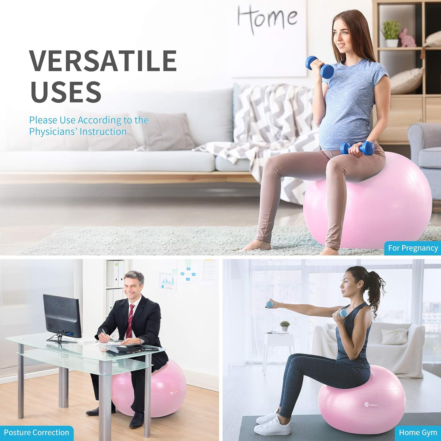 Cambivo Exercise Ball High Elasticity, Anti-Burst and Non Slip for Multiple Sports,Yoga, Pilates, Core Strength Training, Home Gym, Office, Fitness Room(Pink): Sports & Outdoors