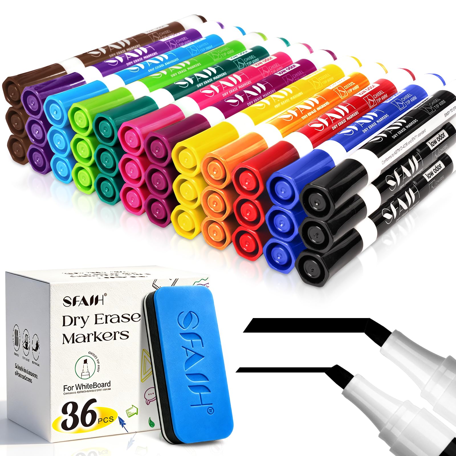 SFAIH Pennarelli cancellabili a secco con punta a scalpello con gomma magnetica per lavagna bianca, 36 pezzi in 12 colori assortiti, per insegnanti, linee versatili, asciugatura rapida, perfetti per