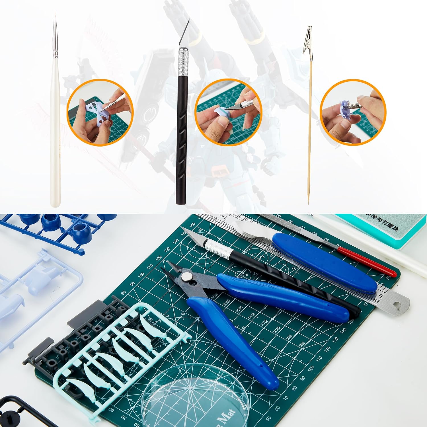 59PCS Modeler Basic Hobby Tools Kit MOVRELA, Anti-Static Tweezers Cutting Mat Side Nipper Hobby Knife Polishing Accessories, Complete Gunpla Building Repair Fixing Set for Beginner & Advanced Modelers