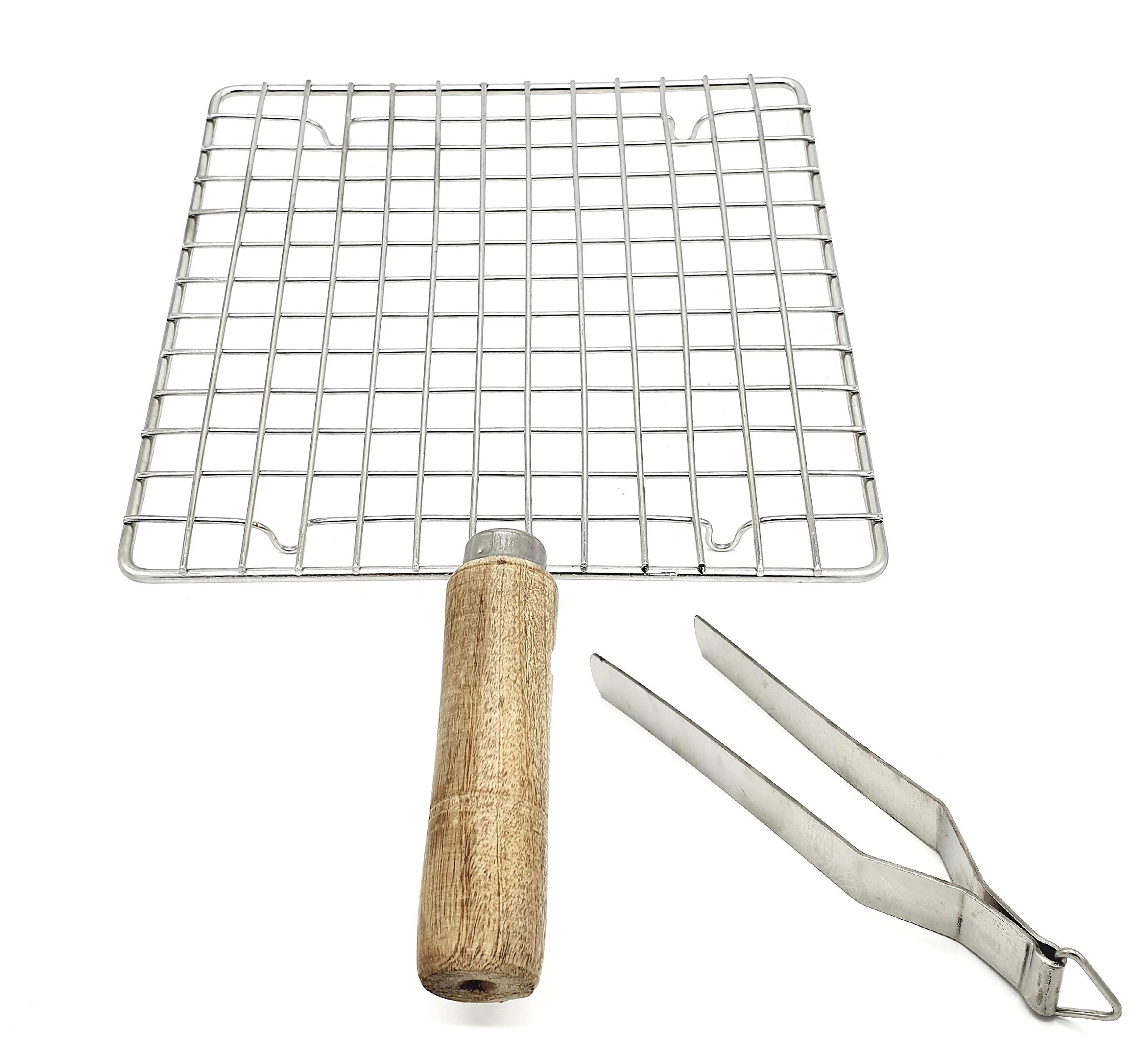 Epraiser Premium Stainless Steel Food Grade Wooden Handle Square Roaster with Heavy SS Tong Papad Jali Grill Tandoor for Papad Barbeque Items Baingan Bharta Pizza Roti Toast Etc-image-35