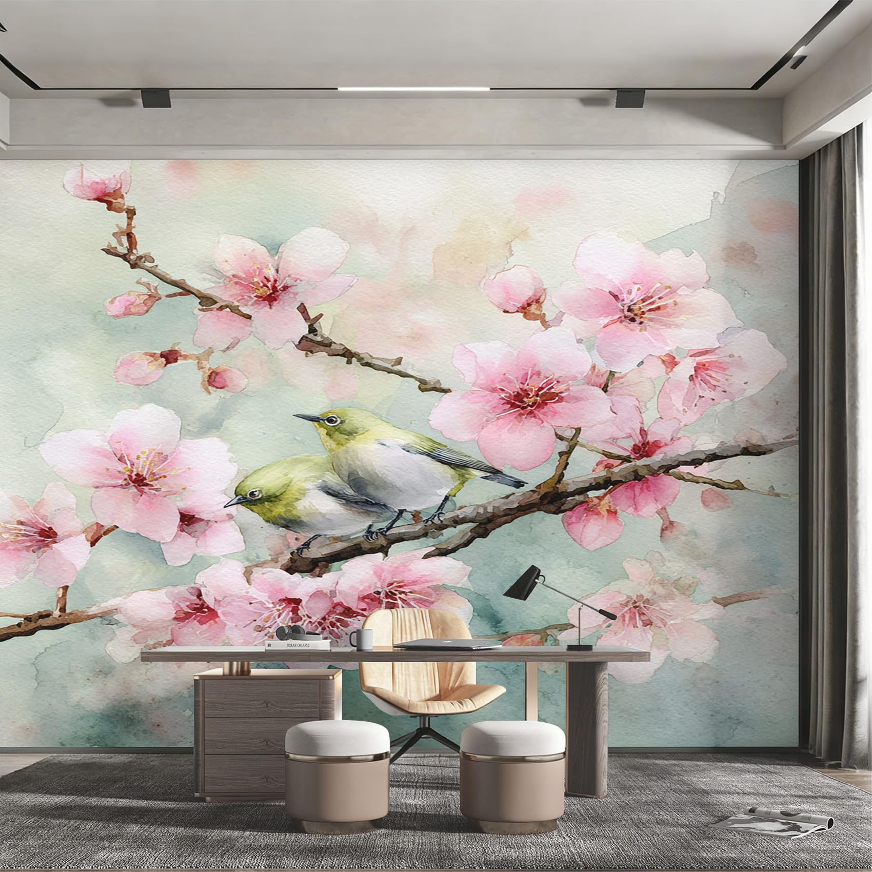 Fresque murale intissée haut de gamme design oiseaux et fleurs