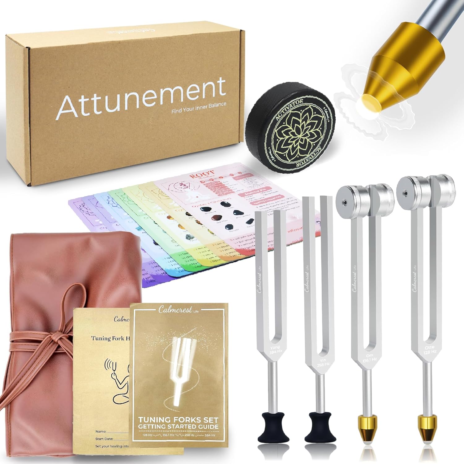 Tuning Forks for Healing Set with 7 Chakras Guide Cards (128Hz, 136.1Hz, 256Hz, 384Hz) – Weighted & Unweighted Premium Tuning Forks for Sound Therapy, Energy Balancing, Meditation & Chakra Healing