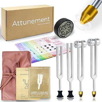 Tuning Forks for Healing Set with 7 Chakras Guide Cards 128Hz, 136.1Hz, 256Hz, 384Hz Weighted & Unweighted Premium Tuning Forks for Sound Therapy, Energy Balancing, Meditation & Chakra Healing