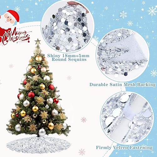 Miniatura 2 de Falda de árbol de Navidad plateada de 36 pulgadas, falda de árbol de Navidad con lentejuelas brillantes, decoraciones de Navidad con purpurina,