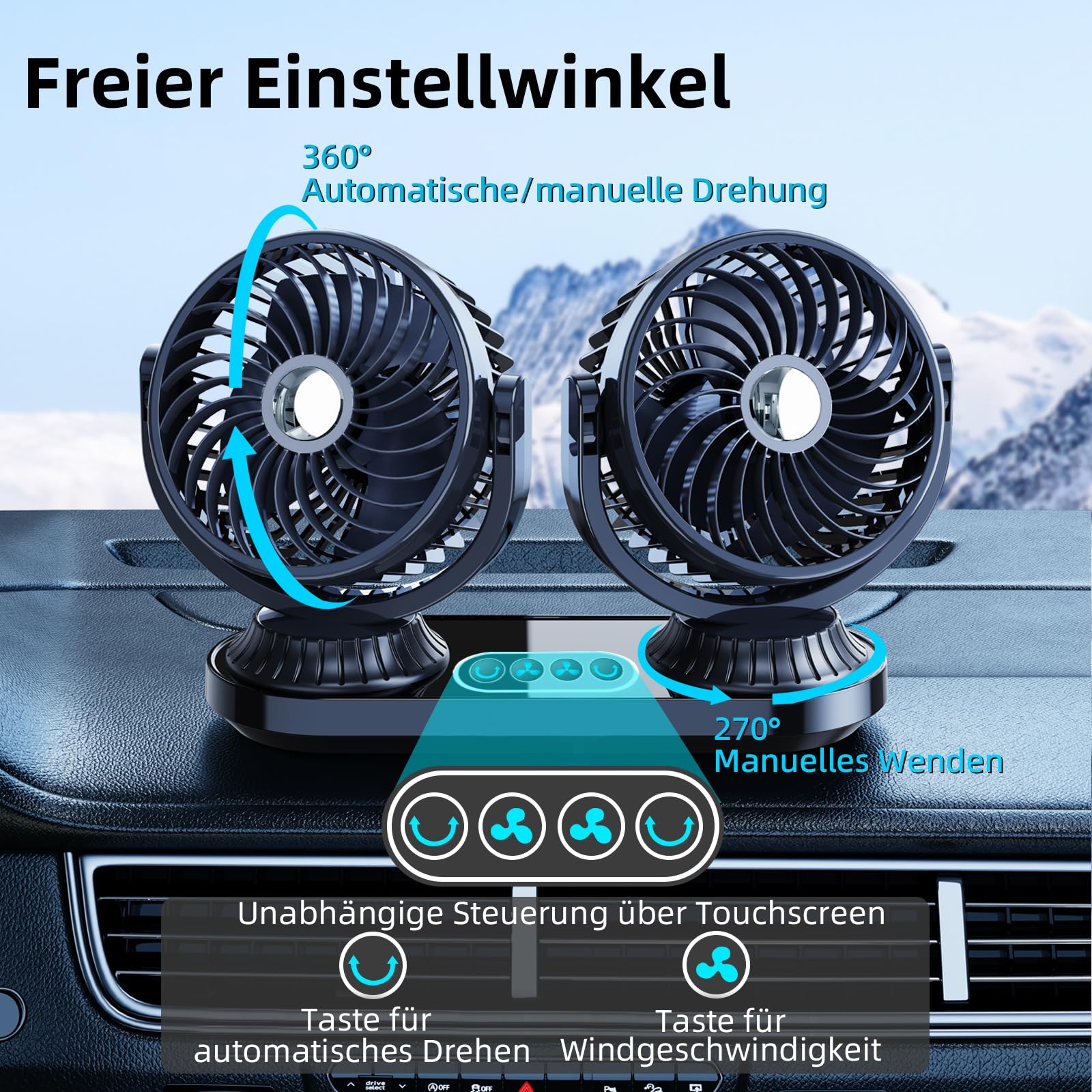 Ventilateur de voiture 12 V 24 V - Double tête - Silencieux - Avec 2 ports USB - 3 vitesses - Oscillation à 270° et rotatif à 360° - Pour voiture, camion, SUV, camping-car