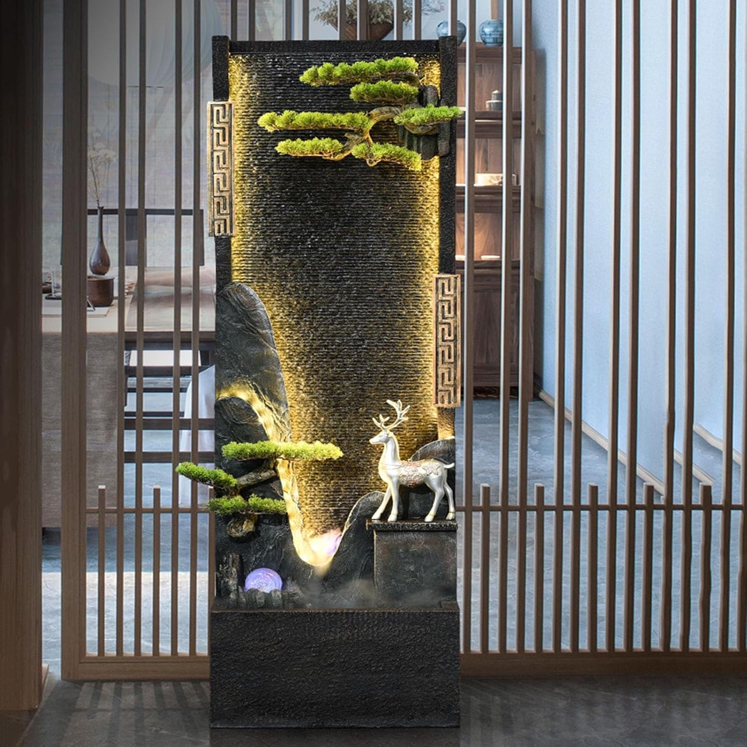 HASMI Fountain Chinese-Style Circulating Water Curtain Wall Fountain with Artificial Mountain and Flowing Water, Floor-Standing Decorative Ornament, Suitable for Living Room or Office for Gardens