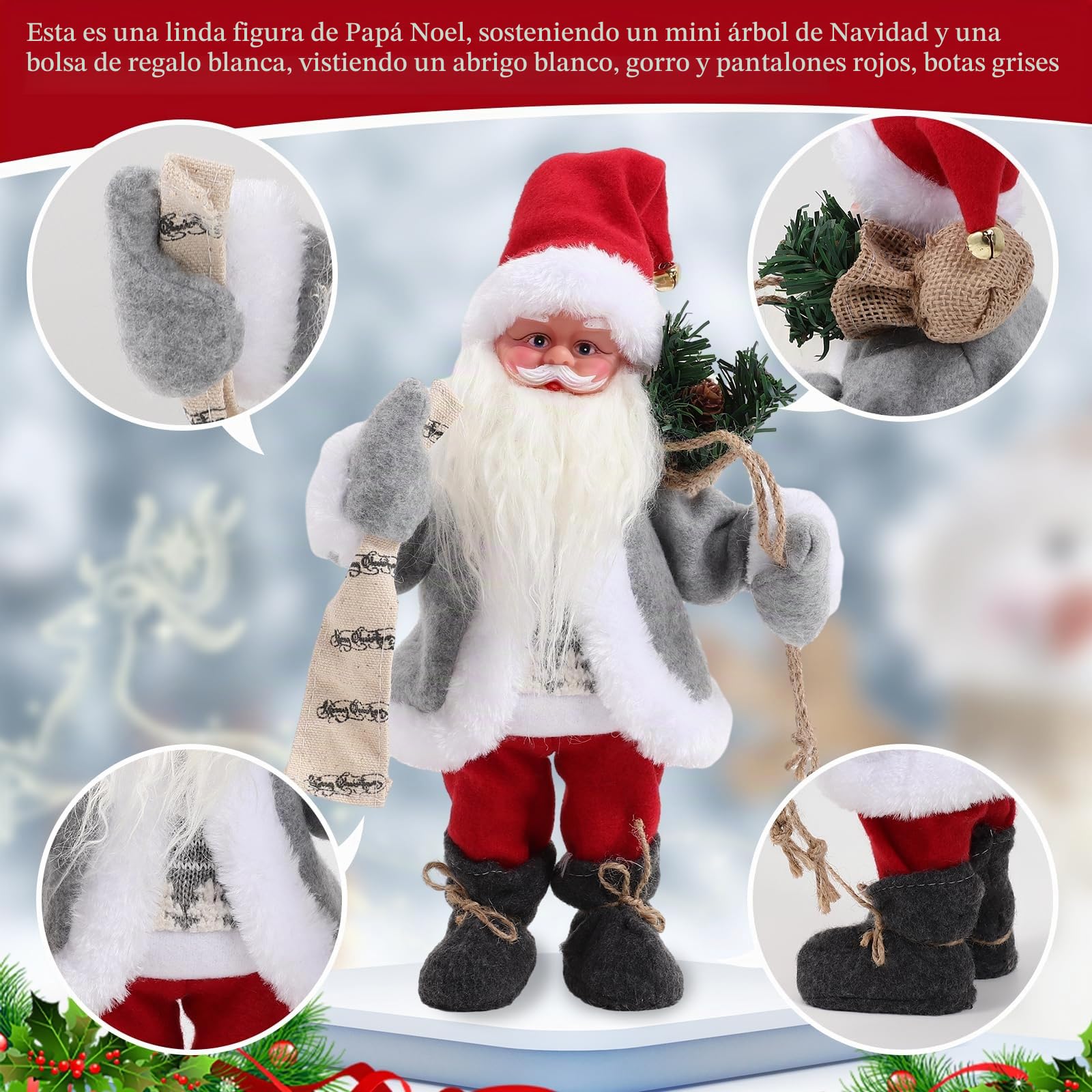 Gfilay Papá Noel Animado con música y Brazos móviles | Figura musical de Papá Noel con libro y saco de regalos, decoración navideña de interior para el hogar