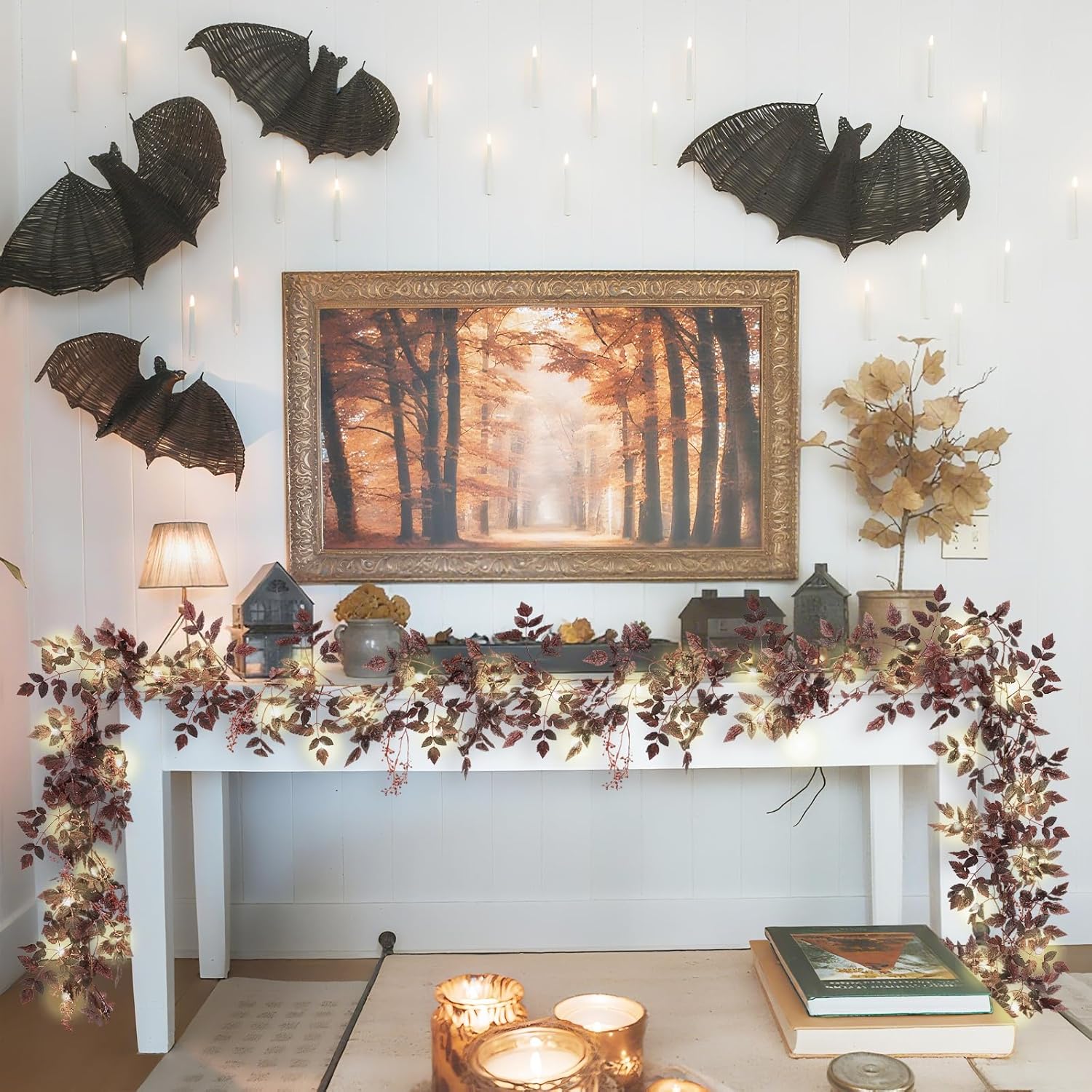 Neutral Fall Garland for Mantle Fireplace - 2 Pack 12 Ft Plum Cimicifuga Seeded Leaf Garlands Purple Autumn Décor Table Decorations for Home Indoor Door Halloween Realistic Leaves Garlands Outdoor