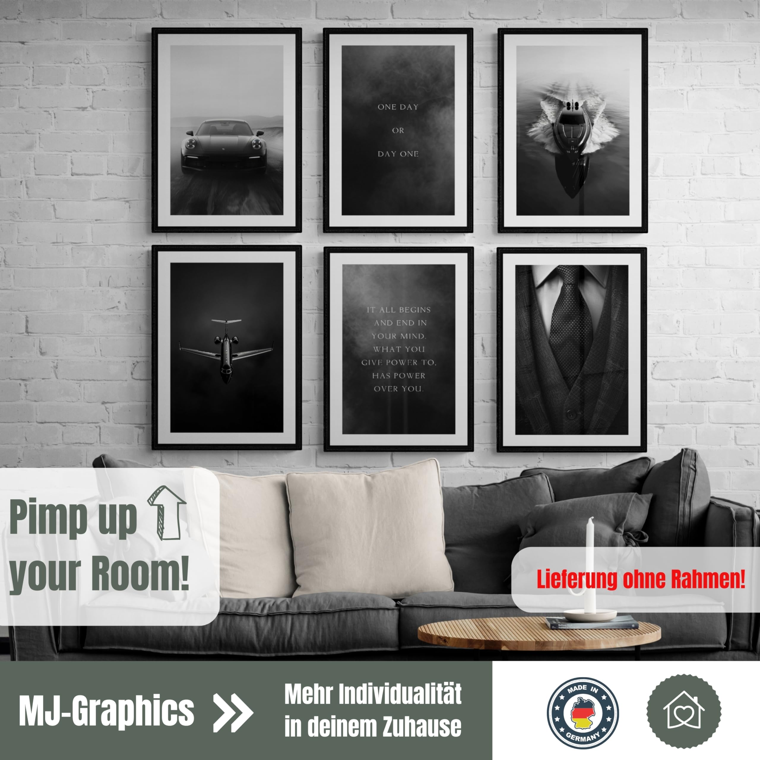 MJ-GRAPHICS® - Mood Poster Set Bilder Büro, Set Fashion Poster, Wandbilder Wohnzimmer Deko, Bild Porsche, 6xA2 Poster & Kunstdrucke Schwarz Weiß Bilder Schlafzimmer, Wohnzimmer Poster Set ohne Rahmen