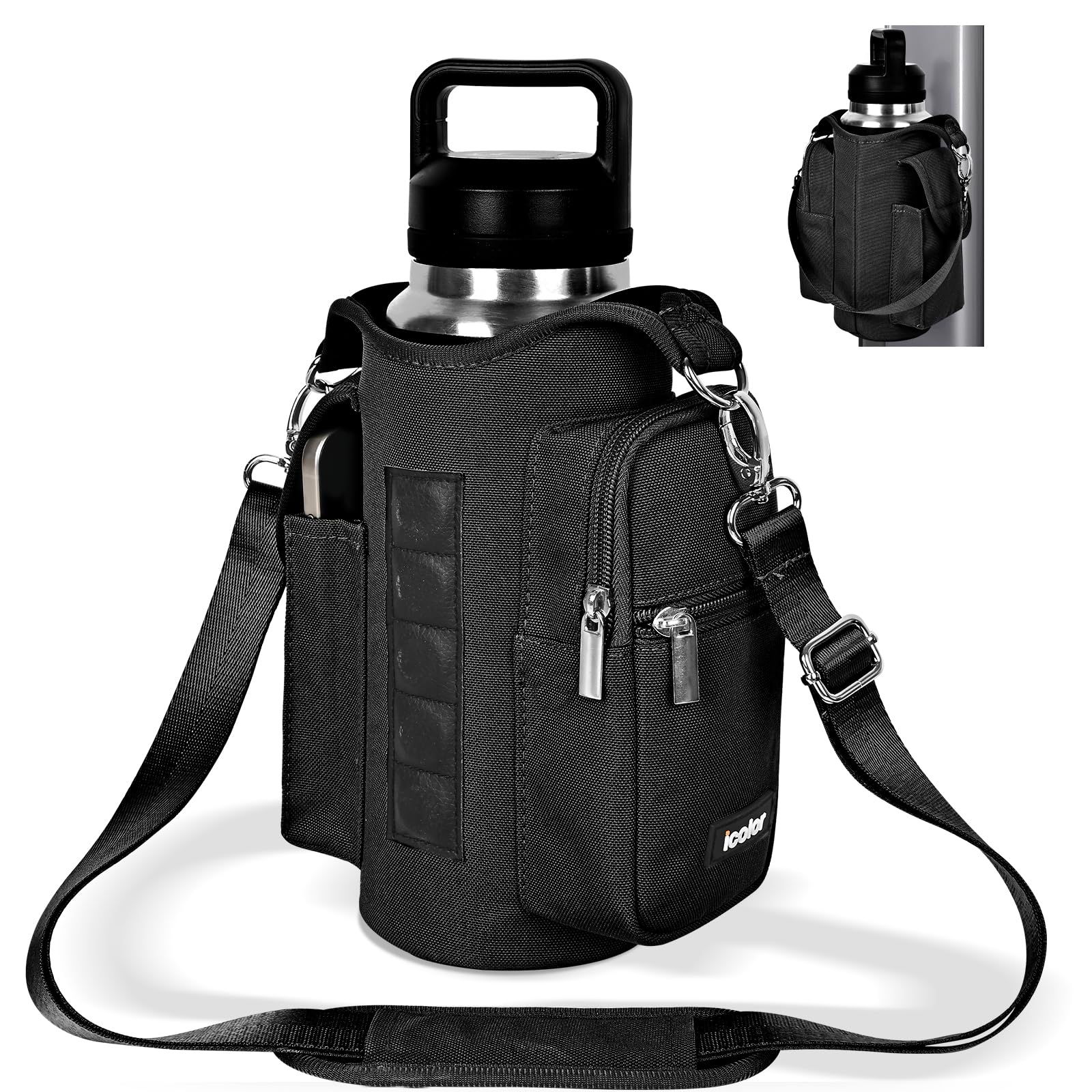 icolor Gym Magnetic Bag Water Bottle Carrier Holder with Strap & Phone Pockets, Diameter 3.9" Magnetic Gym Bag 5 Built-in Magnets Gym Accessories Organizer Pouch Sling Sleeve (Nylon, Midnight-Black)
