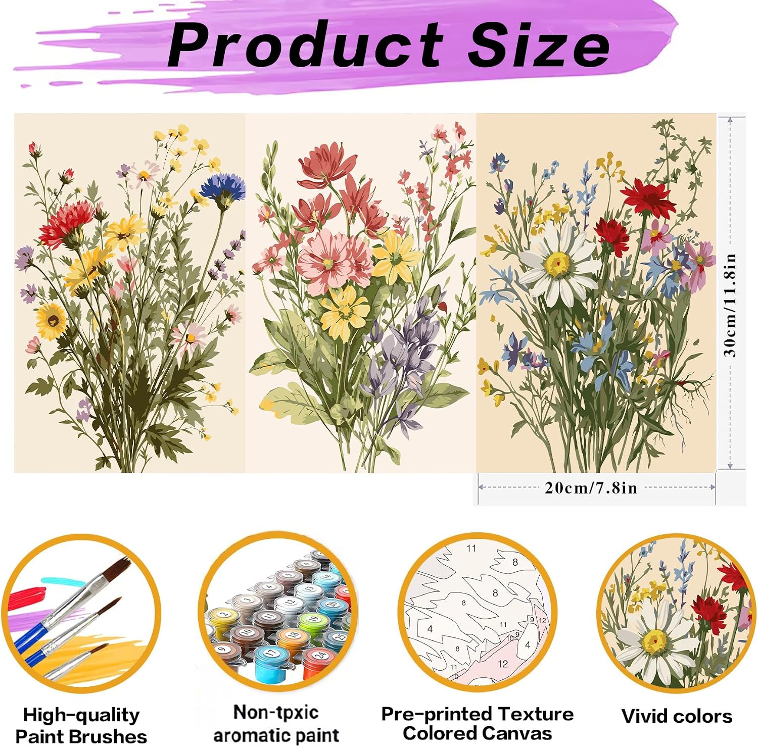 3Pack Wildflowers Paint by Numbers Kit for Adults Beginner with Frame Easel