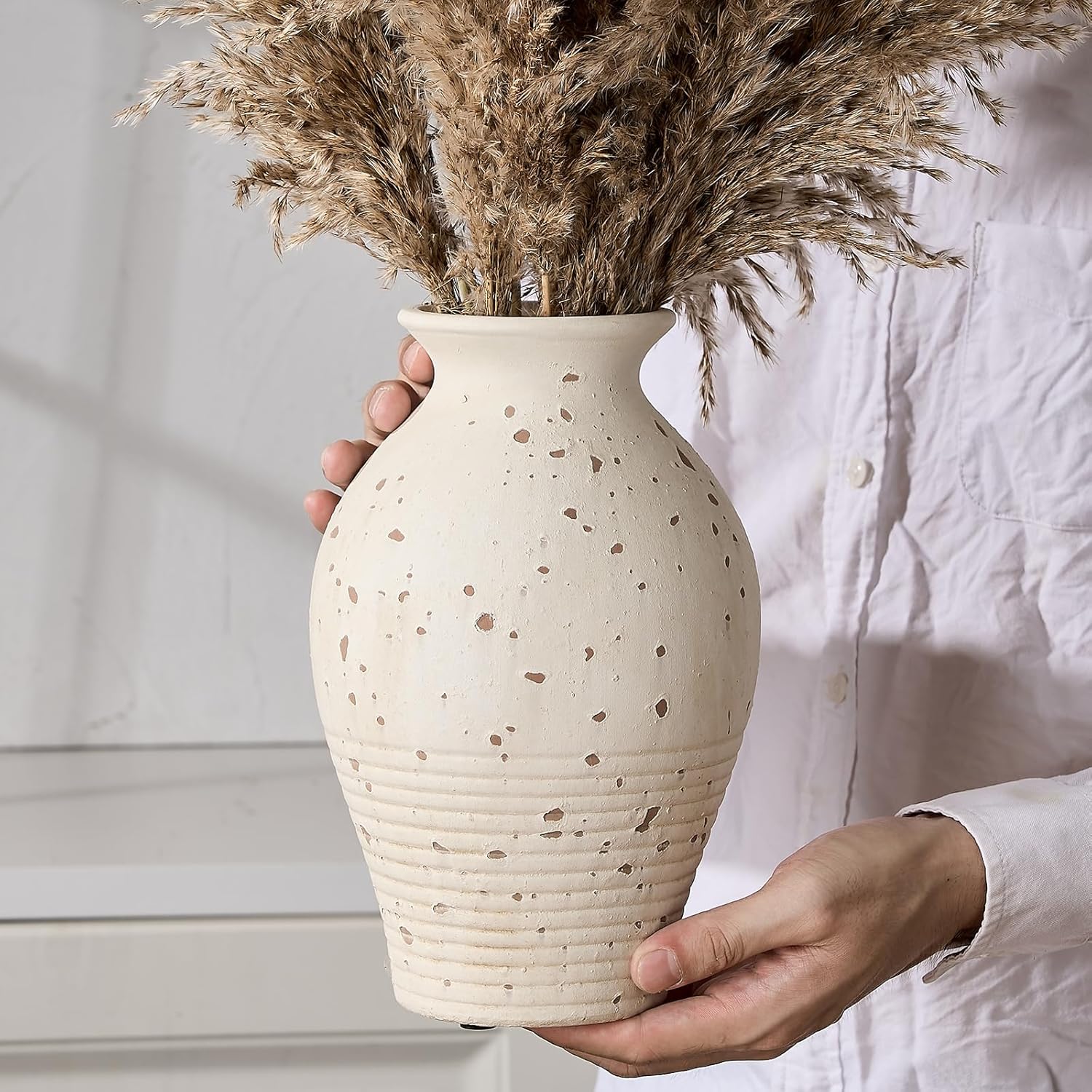 SIDUCAL Ceramic Rustic Farmhouse Vase, 9.2 inch Whitewashed Terracotta Vase,Clay Decorative Vases for Home Decor, Table, Living Room, Shelf, Mantel Decoration(White)