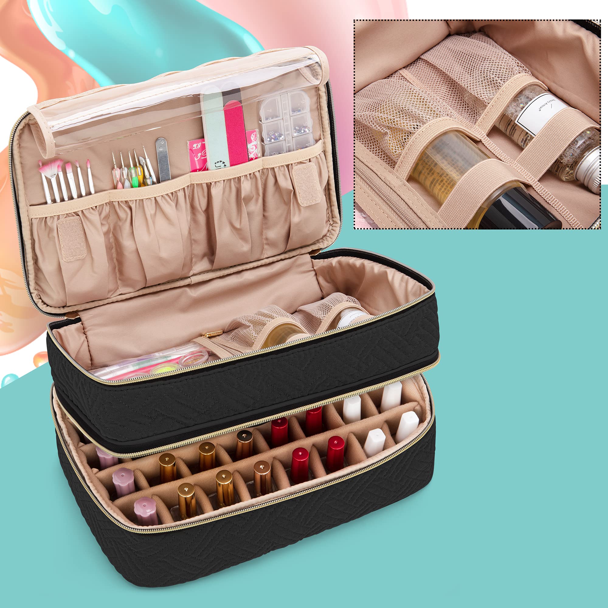 BAFASO Organizer do paznokci na 40 butelek (15 ml - 0,5 FL.oz), schowek na lakier do paznokci z sekcjami do przechowywania narzędzi do manicure, etui na lakier do paznokci, czarny, 30.5CM x 19CM x