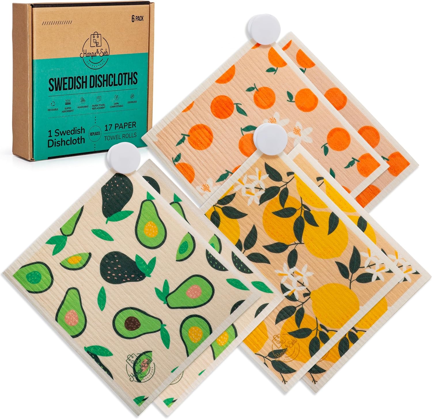 Harps&Seb Swedish Dishcloths for Kitchen Dishcloths - 6 Pack, Reusable Paper Towels with Clips, Super Absorbent Washable Non-Scratch Swedish Dish Towels, No Odor, Biodegradable