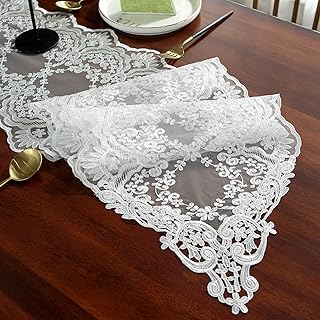 SUTAVIA Lace Patio Table Runner Embroidered Dresser Scarf, Classic Rectangular Macrame Tablerunner,for Kitchen Dining Picnic Coffee Table,and Wedding Banquet Home Decoration(White, 12"×60")