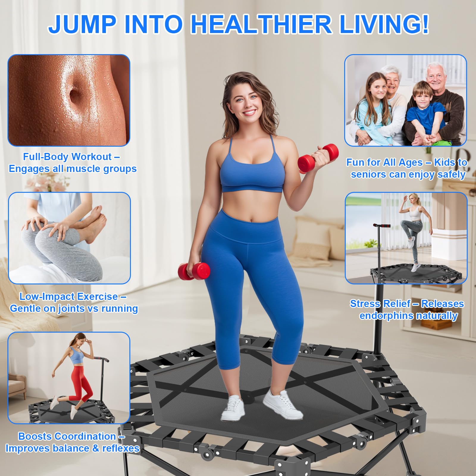 Trampoline Fitness, Mini Trampolino Pieghevole da Interni 106 cm con Manubrio Regolabile in 3 Altezze, Struttura a X Ultra Resistente - Portata Massima 275 kg