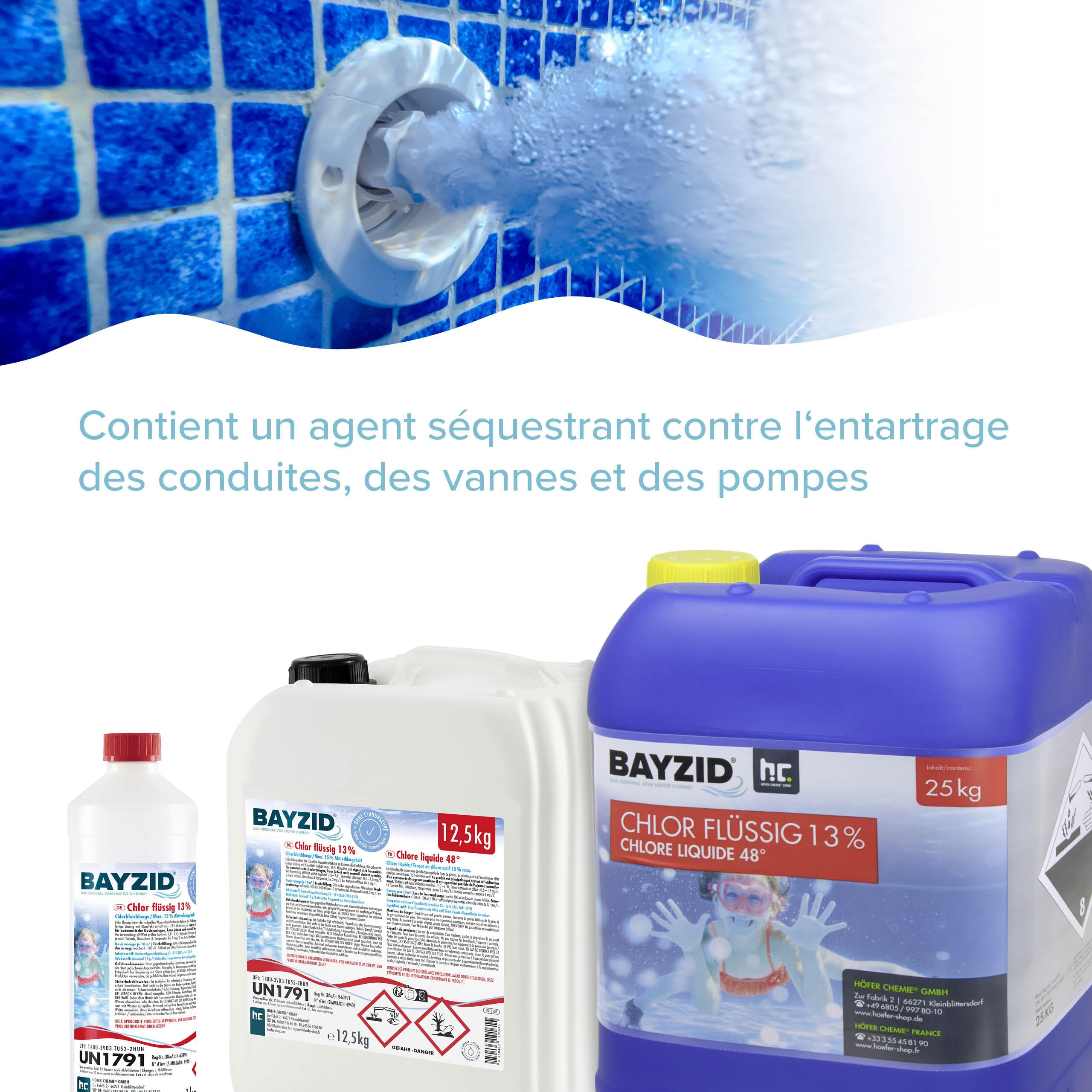BAYZID® Chlore Liquide 1 x 25 kg – Désinfectant Piscine à Action Rapide, 13-15% de Chlore Actif – pour Systèmes de Dosage Automatique – Clarifiant Eau Cristalline – Idéal Spa, Jacuzzi, Pataugeoire