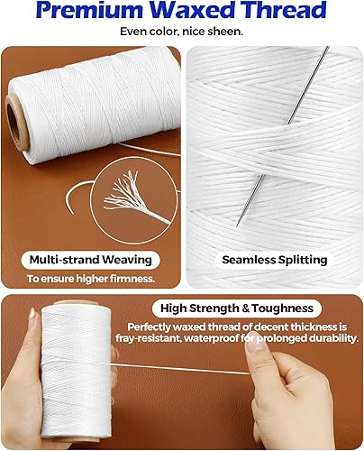 Miniatura 3 de Hilo encerado de costura para tapicería de cuero PLANTIONAL 218 yardas 210D juego de cuerdas de cera con 25 agujas de coser grandes a mano, kit de