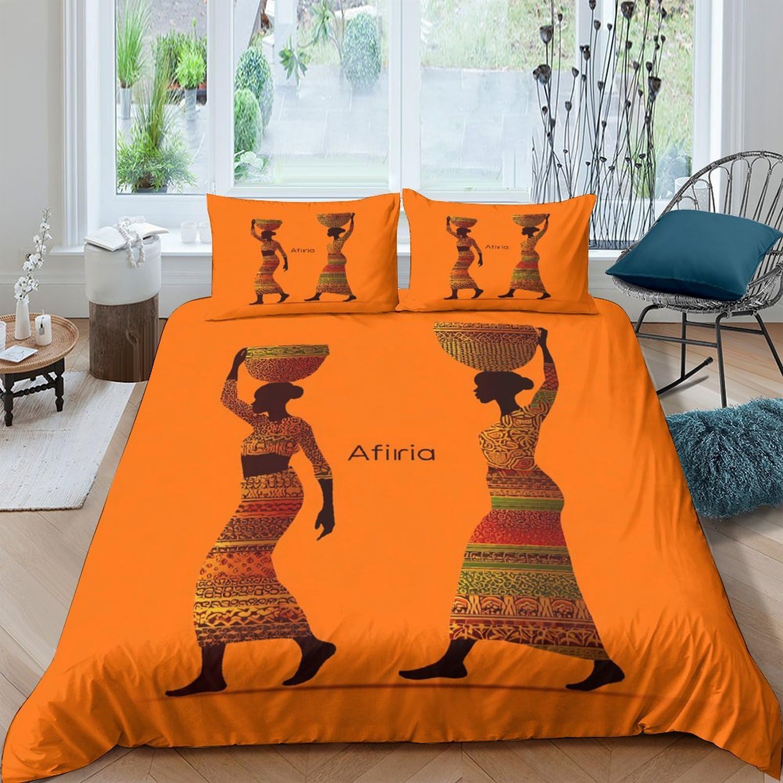 3D Printed African Tribal Art Duvet Cover Microfiber Orange Soft Breathable Ethnic Bedding Set with 2 Pillowcases for Bedroom Home Single（135x200cm）