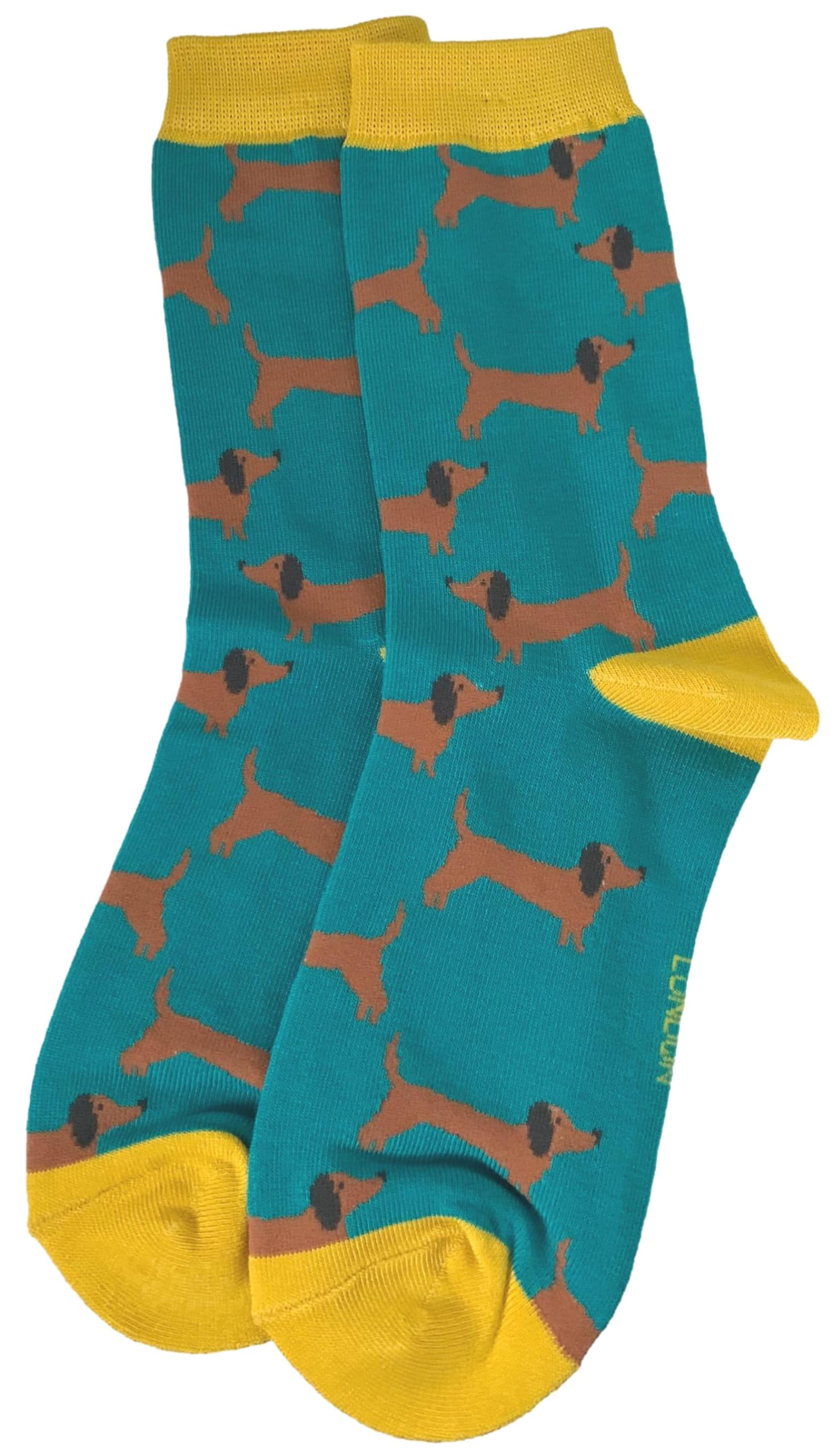 Purple Possum Women's Blue, Turquoise, Teal Uk® Dachshund Dog Socks Cute Sausage Dogs Blue Yellow Bamboo Dachshunds Size 3-7