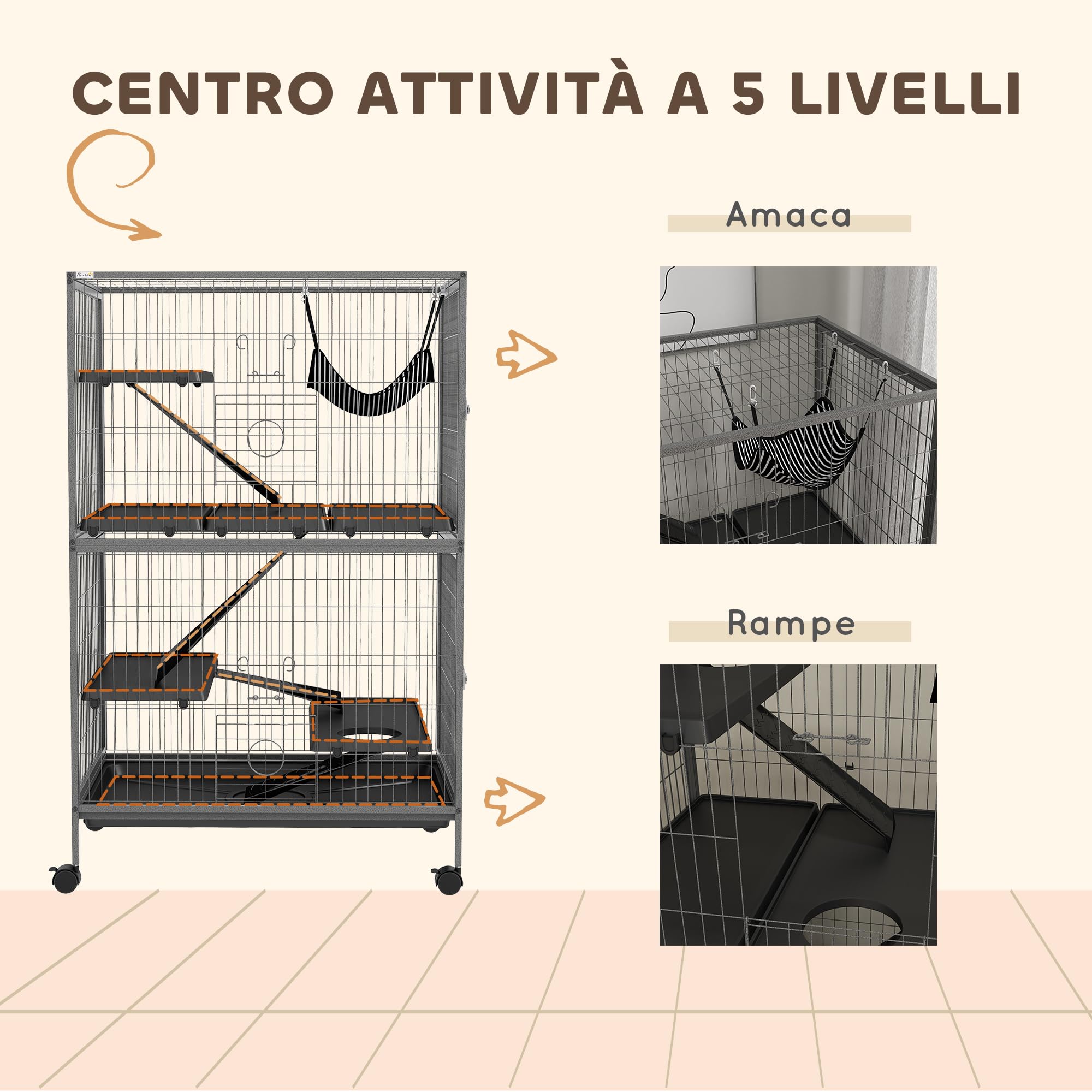 PawHut Gabbia per Animali Piccoli con 4 Ingressi a Livelli Multipli con Amaca, Gabbietta per Roditori, Furetti, Cincillà in Metallo e PP, 80x52x128 cm, Argento e Grigio