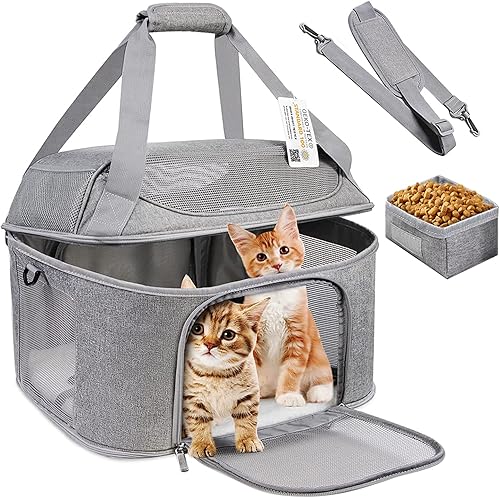 Transportador grande para gatos para 2 gatos, transportador de mascotas de lado suave para gatos y perros pequeños, bolsa de transporte plegable
