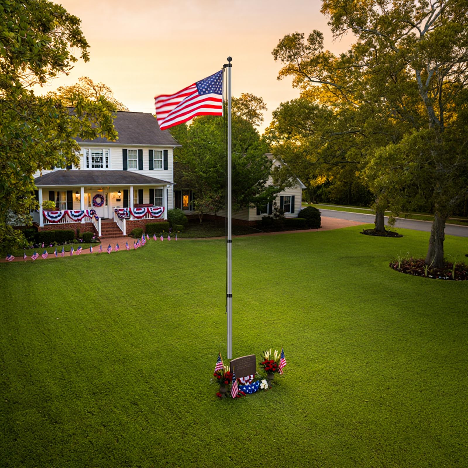 25FT Grey Heavy Duty 11' Gauge Aluminum Flagpole Kit with Thickened Ball, 3x5 Embroidered Nylon Flag for Outside House, In Ground, 120MPH Rated
