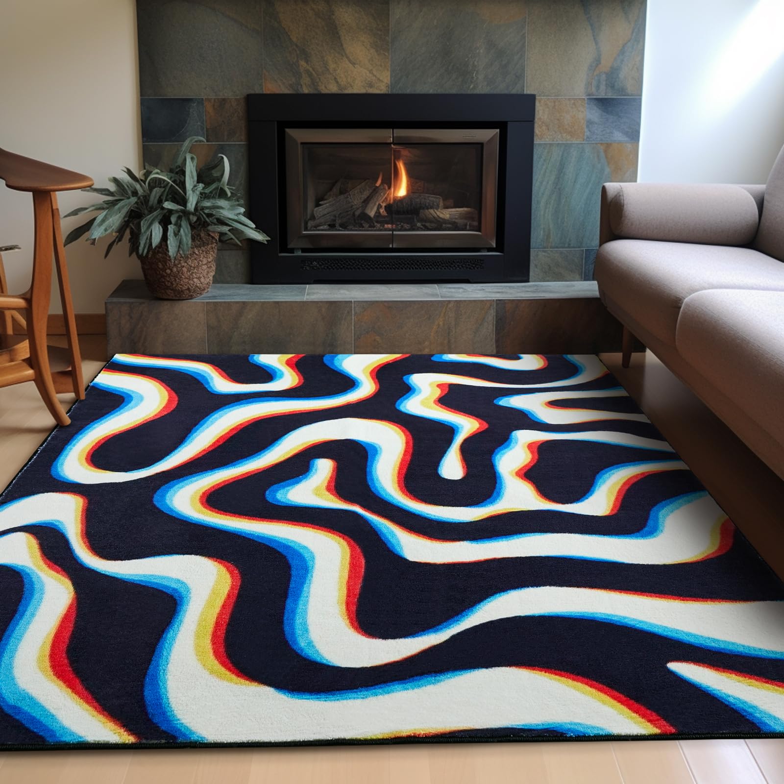 Trippy Abstract 8x10 Area Rug Soft Thin Funky Aesthetic Glitch Psychedelic Wavy Swirl Living Room Rug Colorful Black White, Retro Cool Washable Carpet for Kitchen Entryway Bedroom Dorm