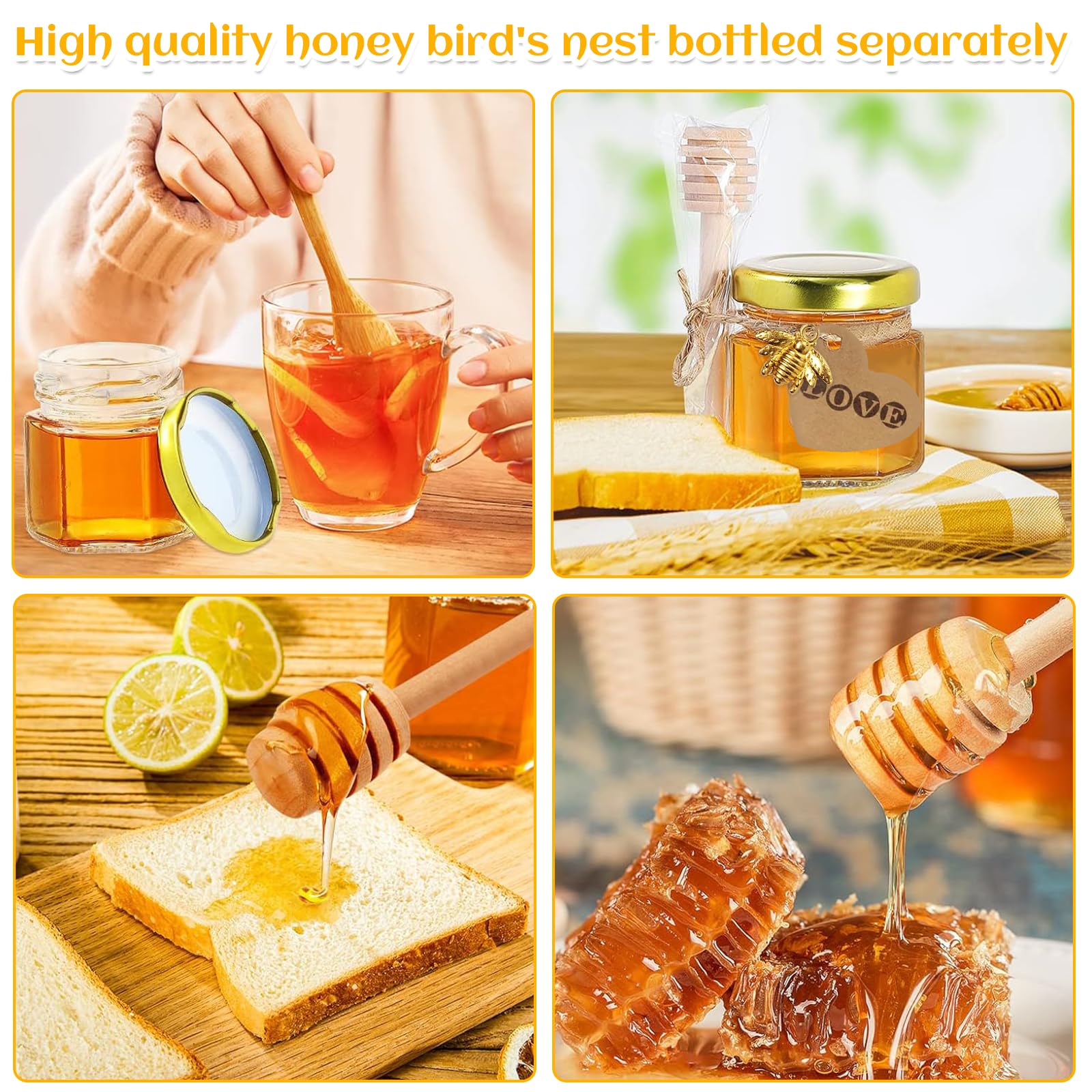 30 pièces de Pots à Miel Verre,Mini Pots À Miel En Verre Hexagonaux de 45 ml avec couvercle à vis,pot miel en verre hexagonal,couvercles dorés,pendentifs abeilles,sacs en gaze