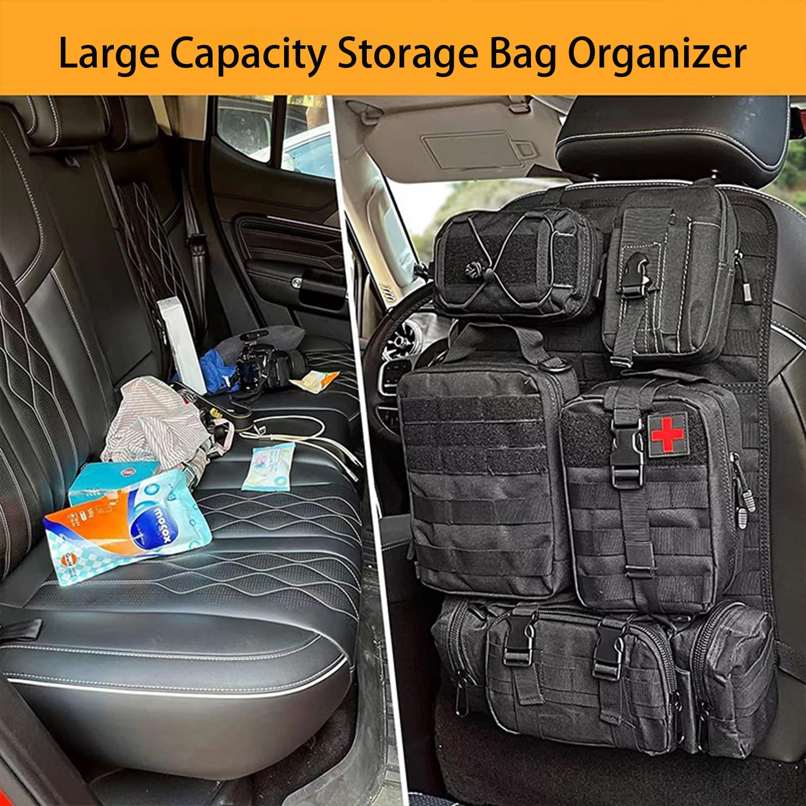 Organiseur tactique universel pour dossier de siège de voiture, panneau Molle, protection contre les coups de pied, organisateur de siège de van avec 5 poches Molle amovibles pour toutes les